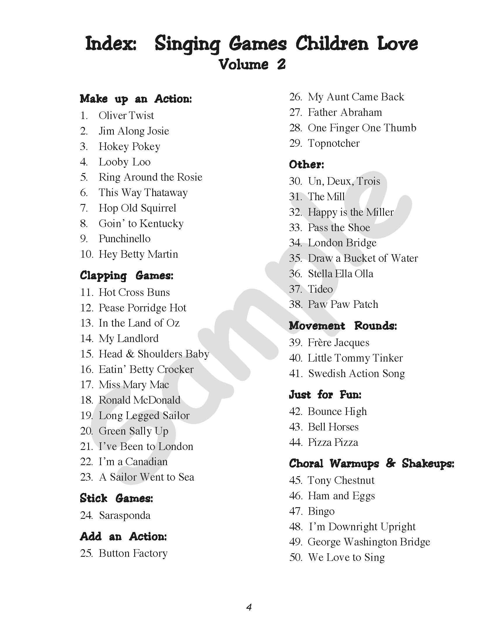 Sample page: An index of songs that are in Singing Games Children Love Volume 2