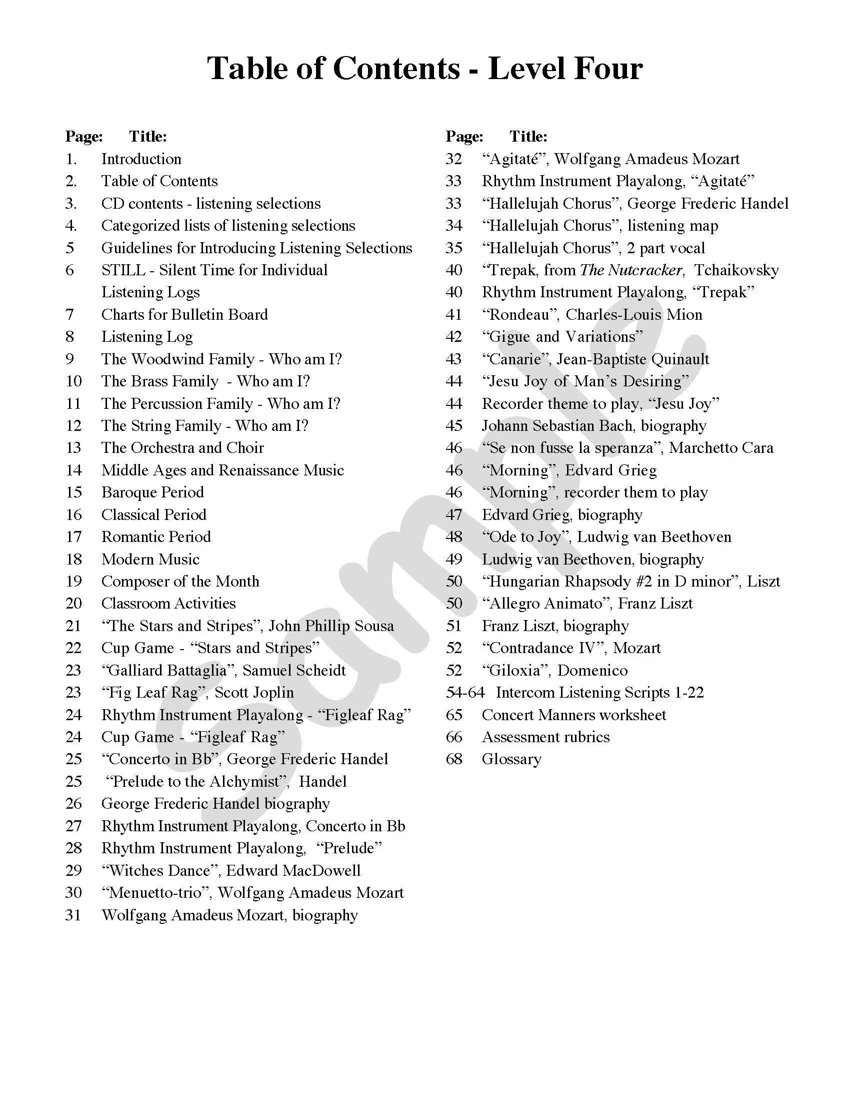 Sample page: The table of contents for Listening Resource Kit 4