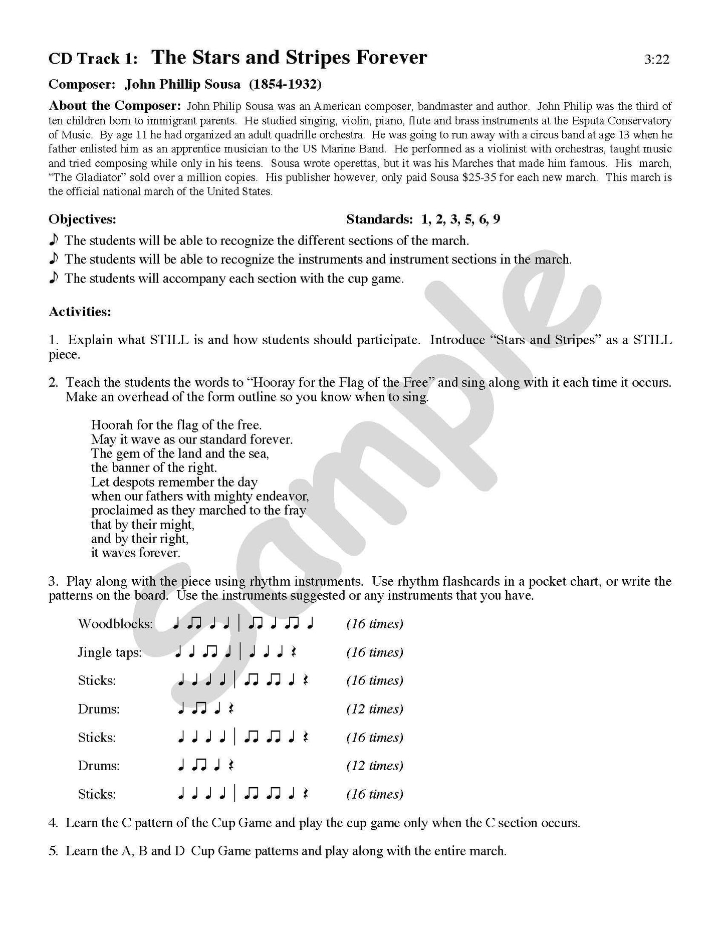 Sample page: A page explaining how to run the "The Stars and Stripes Forever" lesson