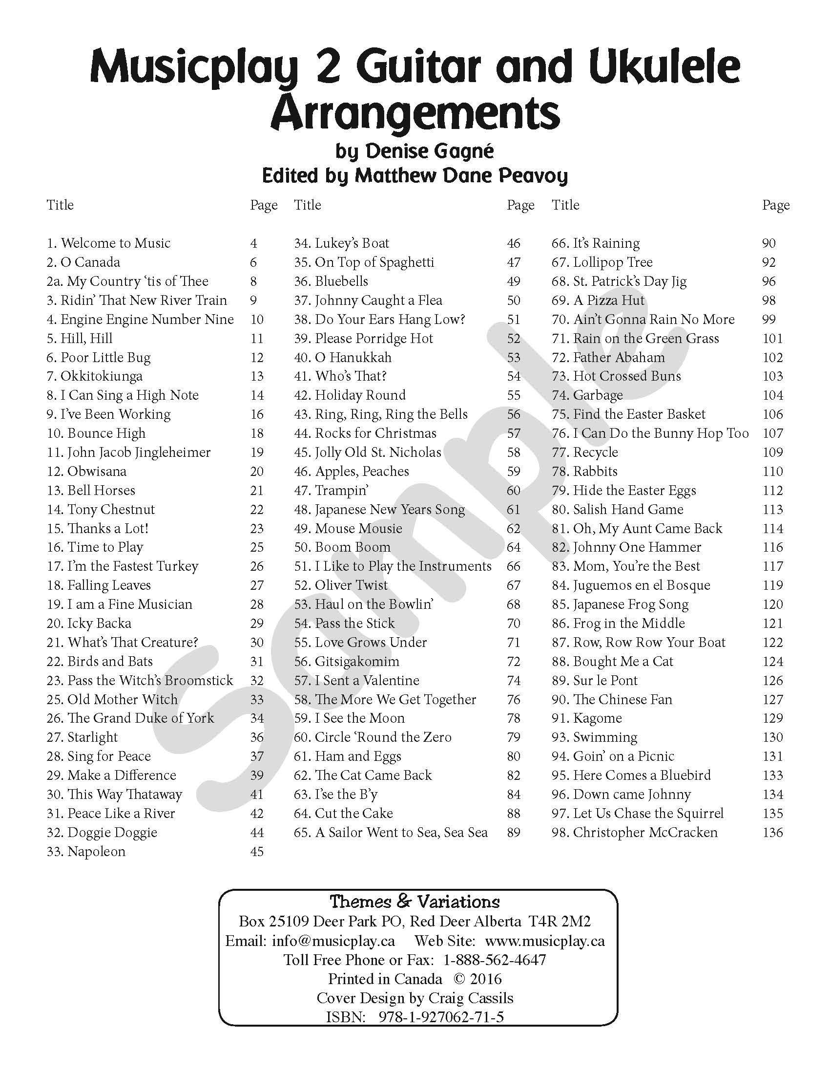 Sample page: The table of contents for Musicplay Grade 2 Guitar and Ukulele Accompaniments