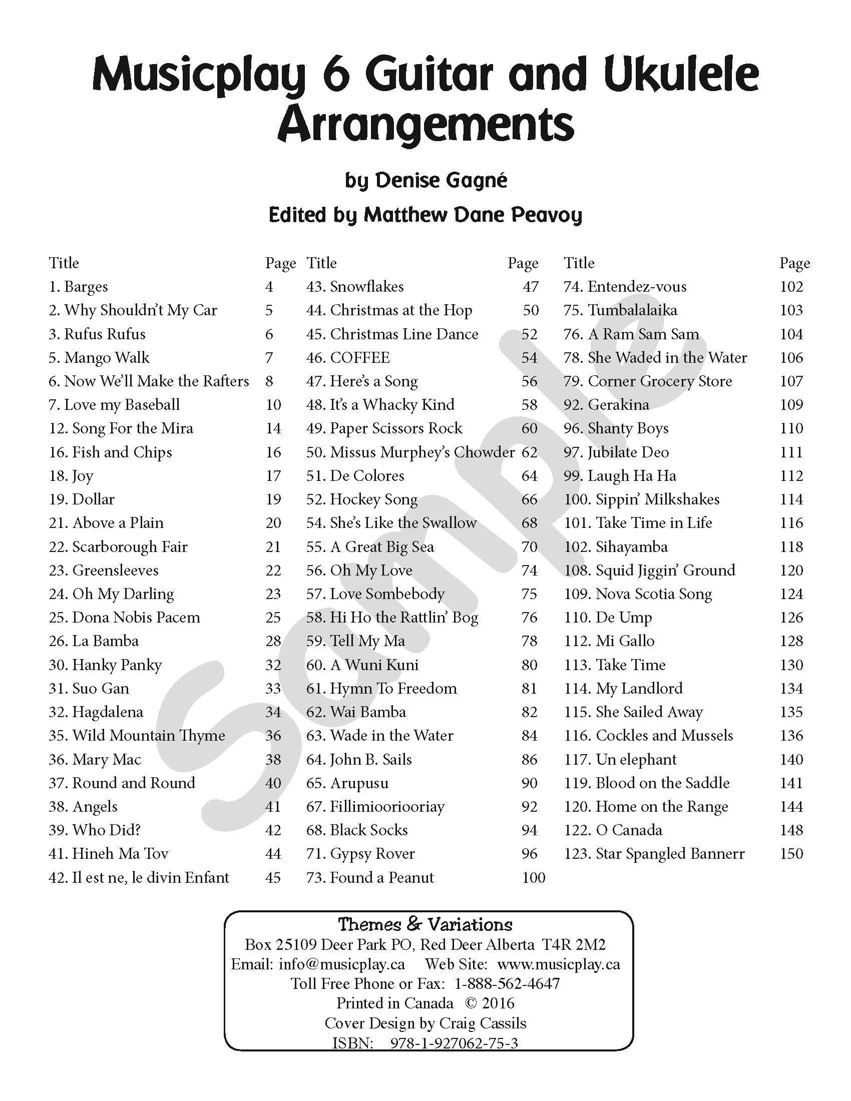 Sample page: The table of contents for Musicplay Middle School Guitar and Ukulele Accompaniments