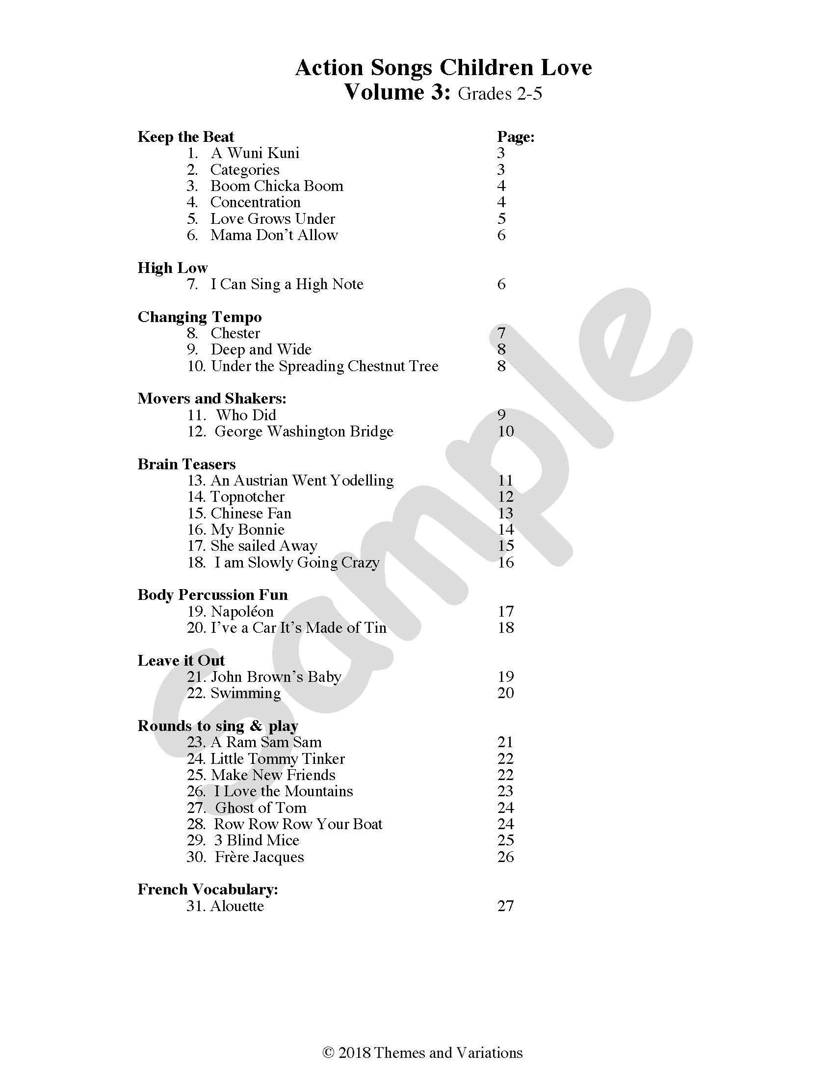 Action Songs Children Love Volume 3 Book Index
