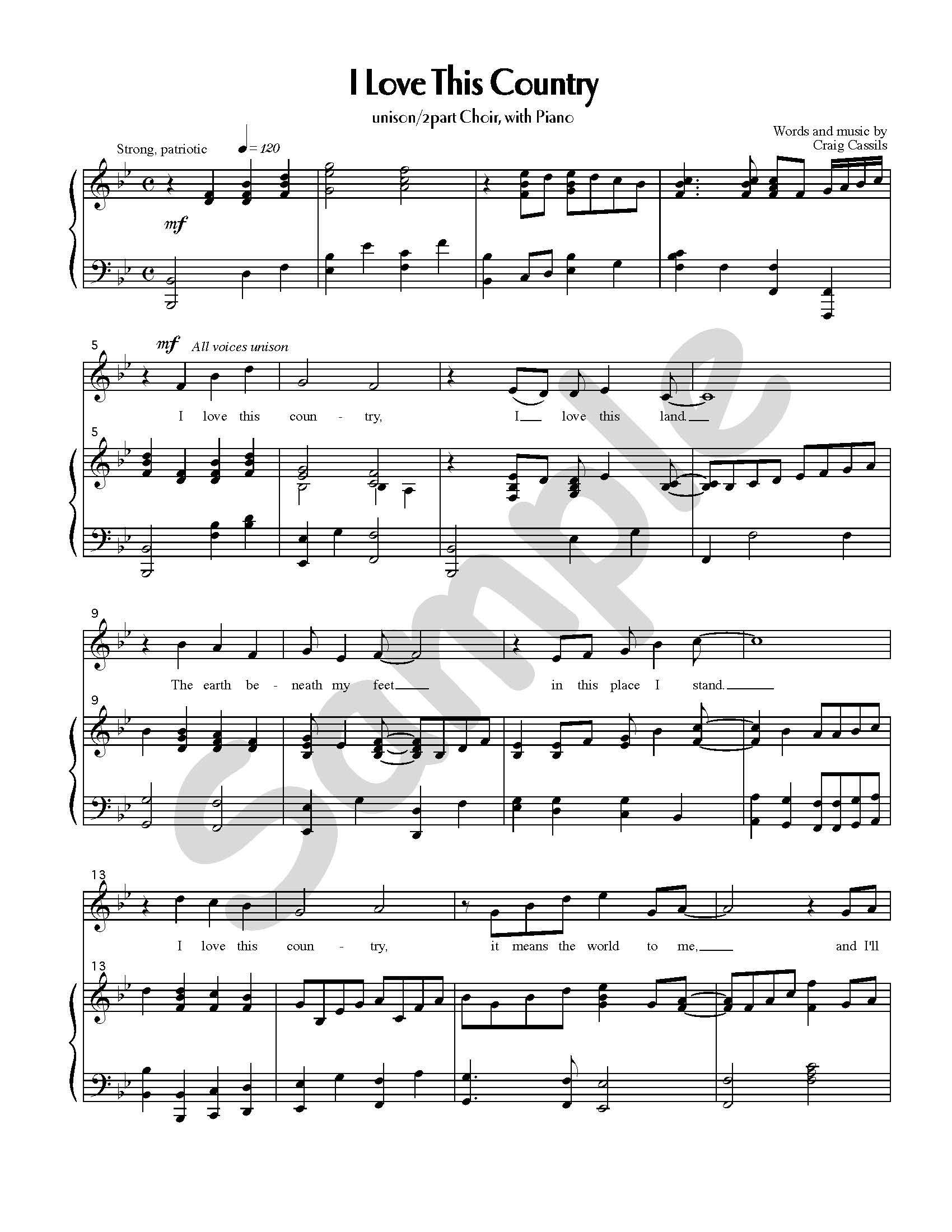Sample page: The first page of the song "I Love This Country". 2 part choir with piano sheet music.
