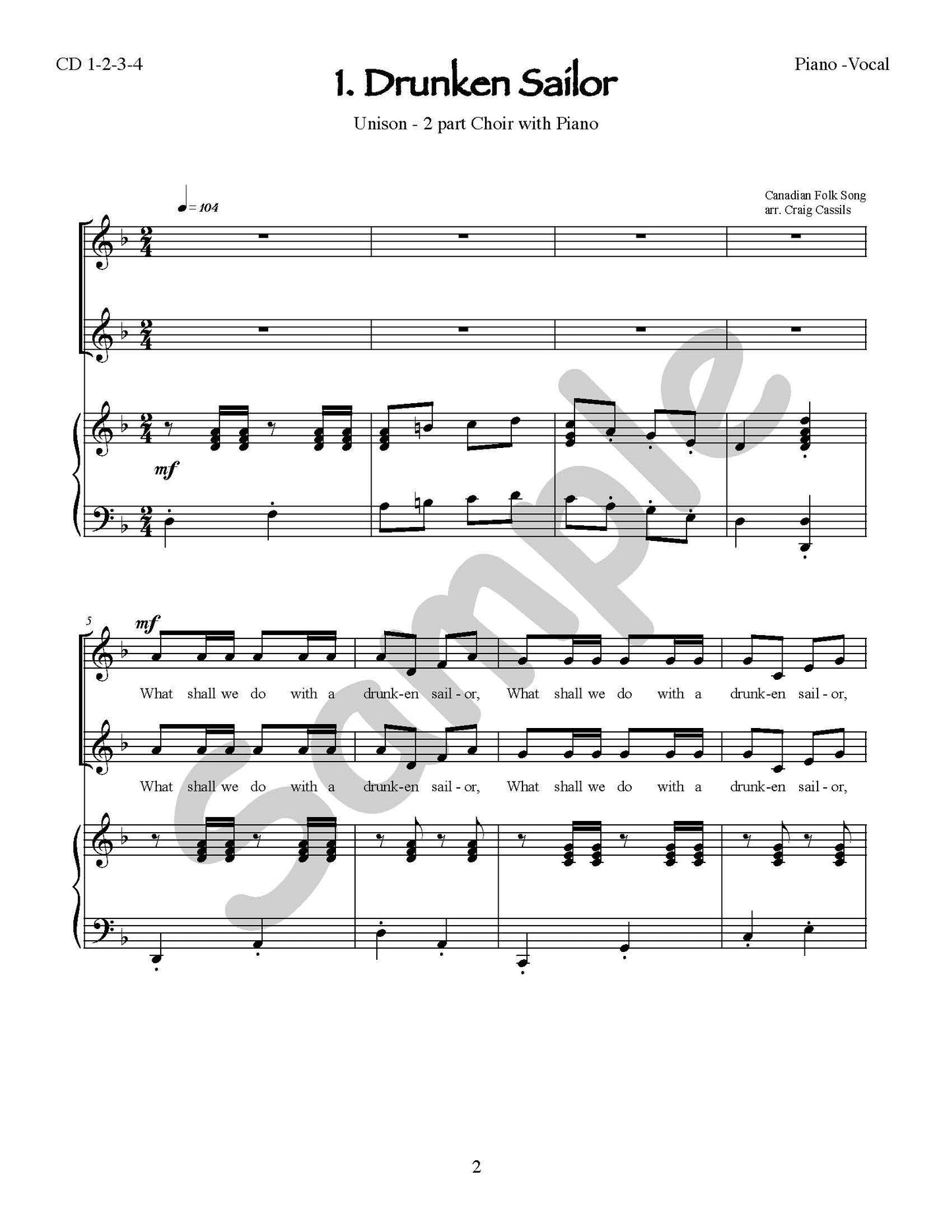 Sample page: The first page of the song "Drunken Sailor". Unison - 2 part Choir with Piano sheet music