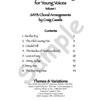 Sample page: The table of contents for Canadian Folk Songs Vol 1. Choral arrangements for soprano, alto, tenor, and bass