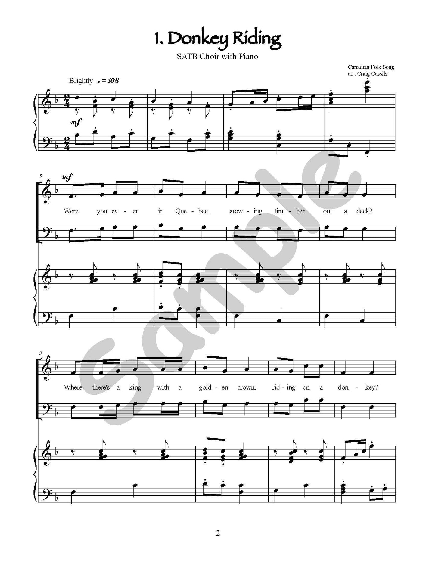 Sample page: The first page of the song "Donkey Riding". SATB Choir with Piano sheet music
