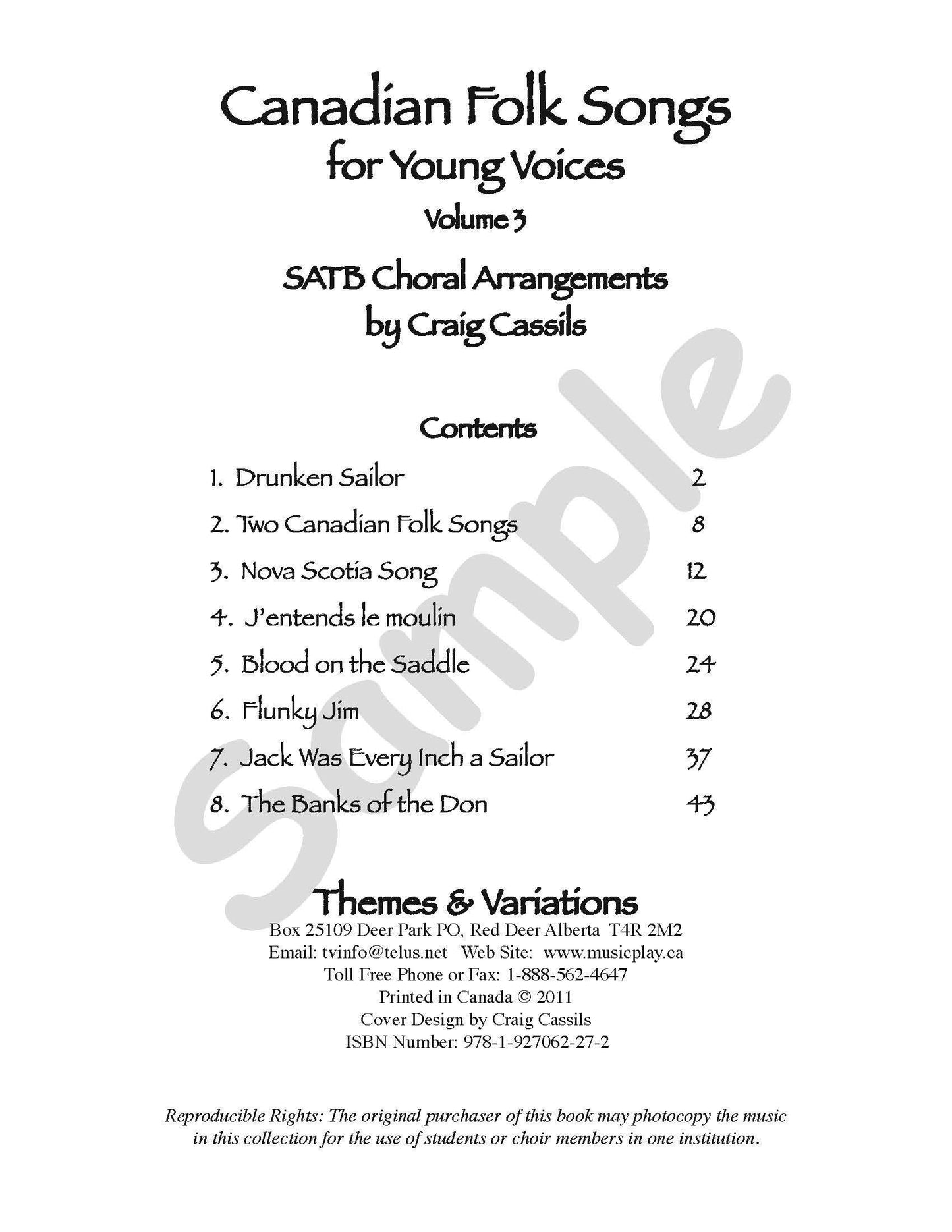 Sample page: The table of contents for Canadian Folk Songs Vol 3. Choral arrangements for soprano, alto, tenor, and bass