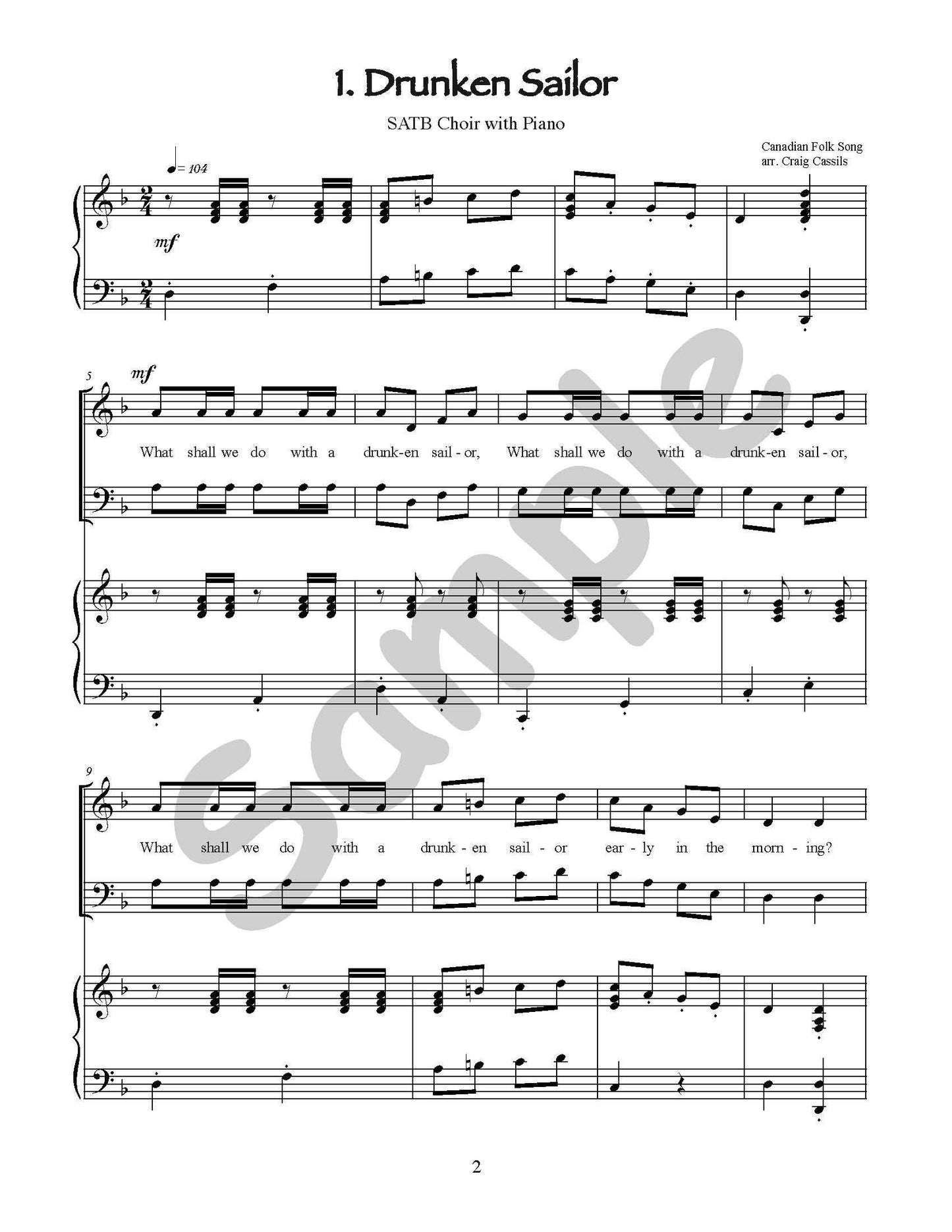 Sample page: The first page of the song "Drunken Sailor". SATB Choir with Piano sheet music