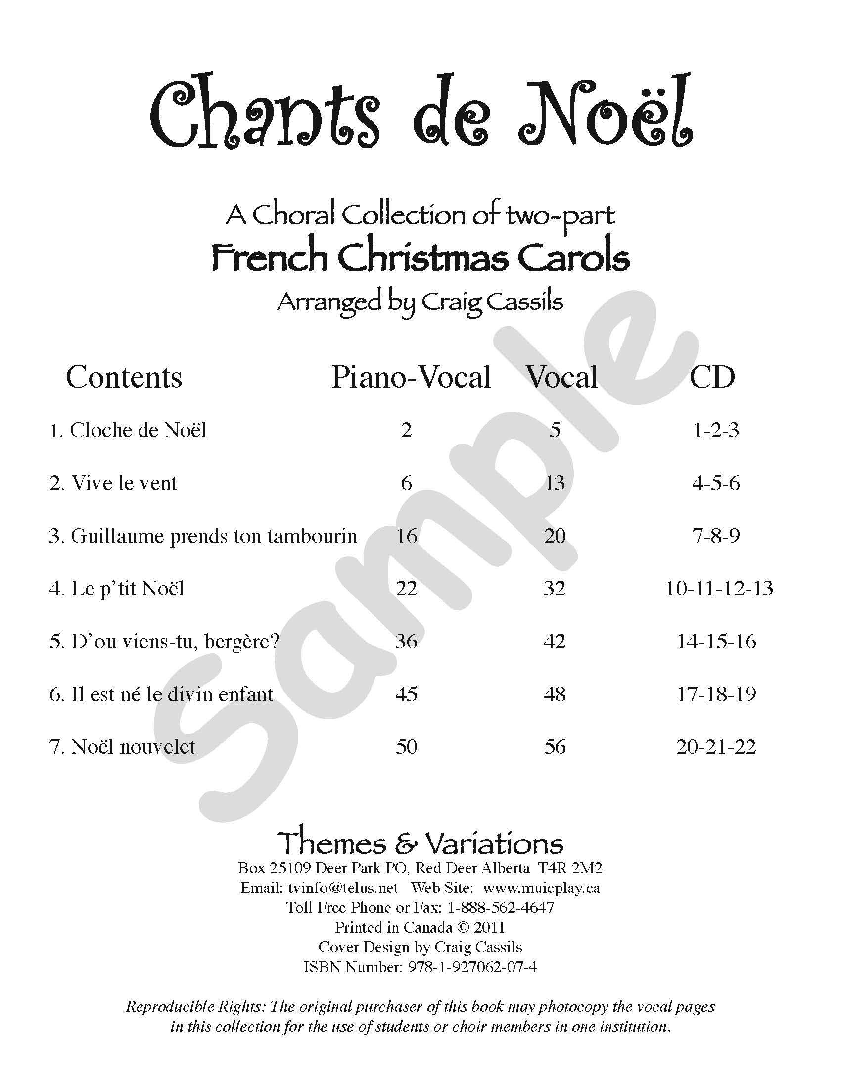 Chants de Noël Book Index/Table of Contents