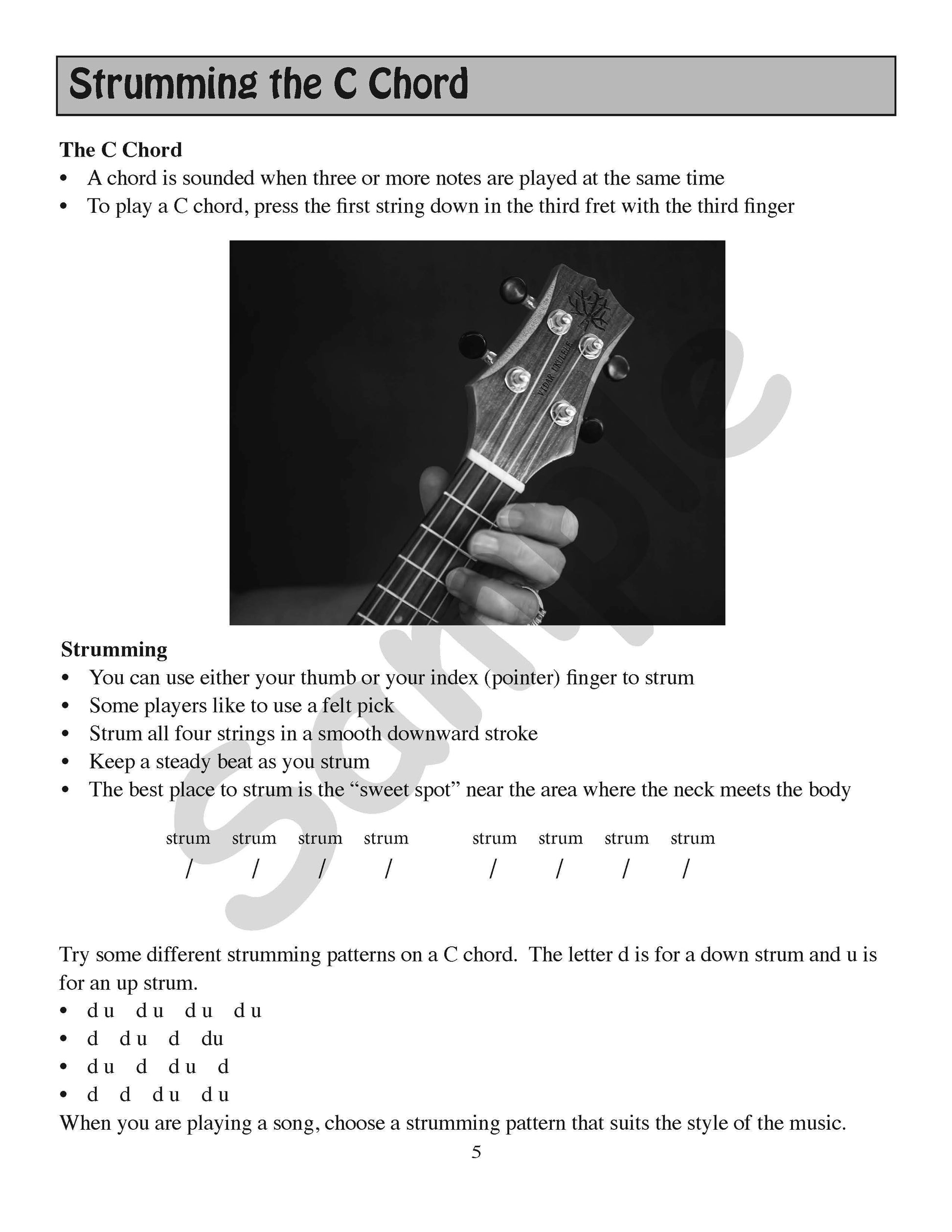 Sample page: Instructions on how to strum the C chord