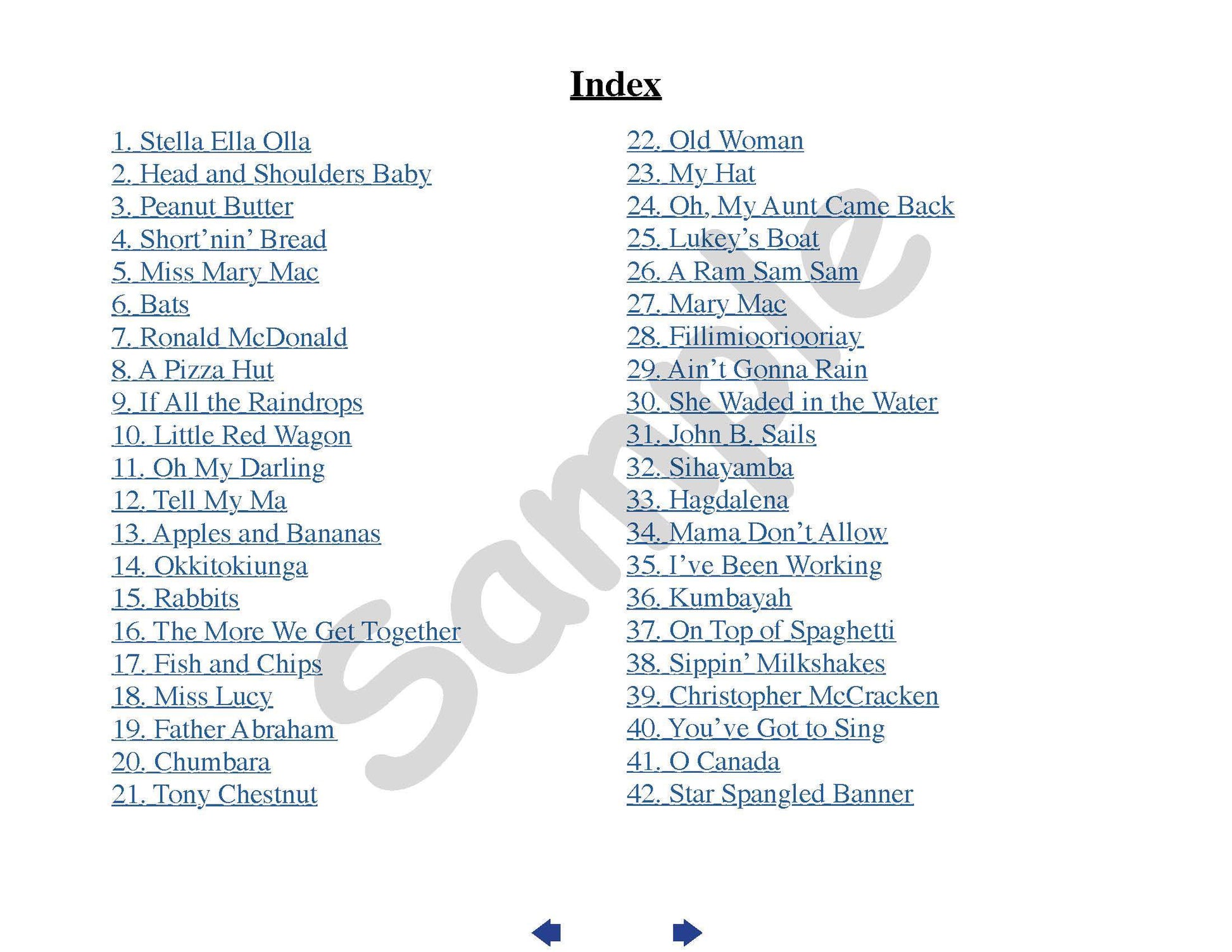 Sample slide: The index for the projectable PDF, listing all the songs
