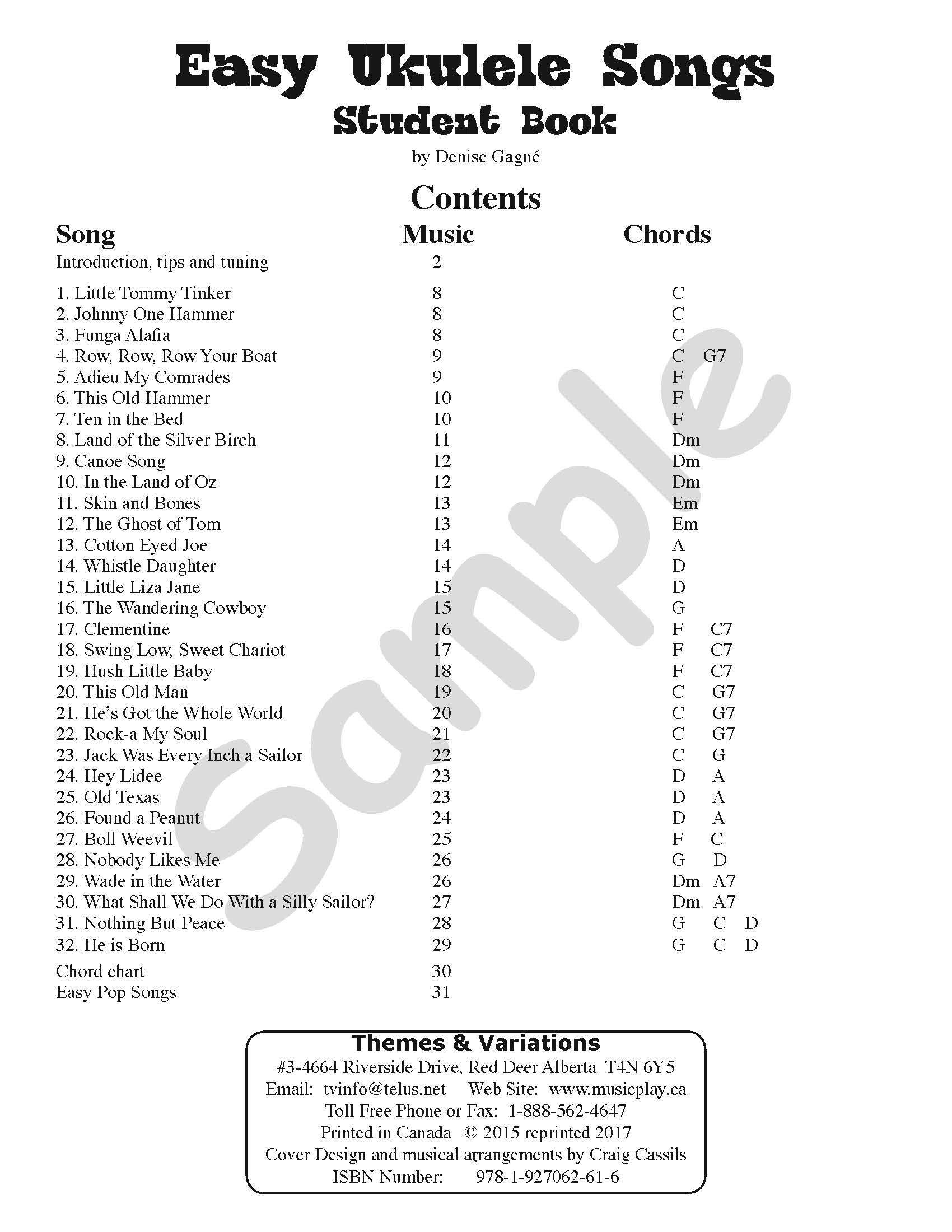 Sample page: The table of contents for Easy Ukulele Songs Student Book