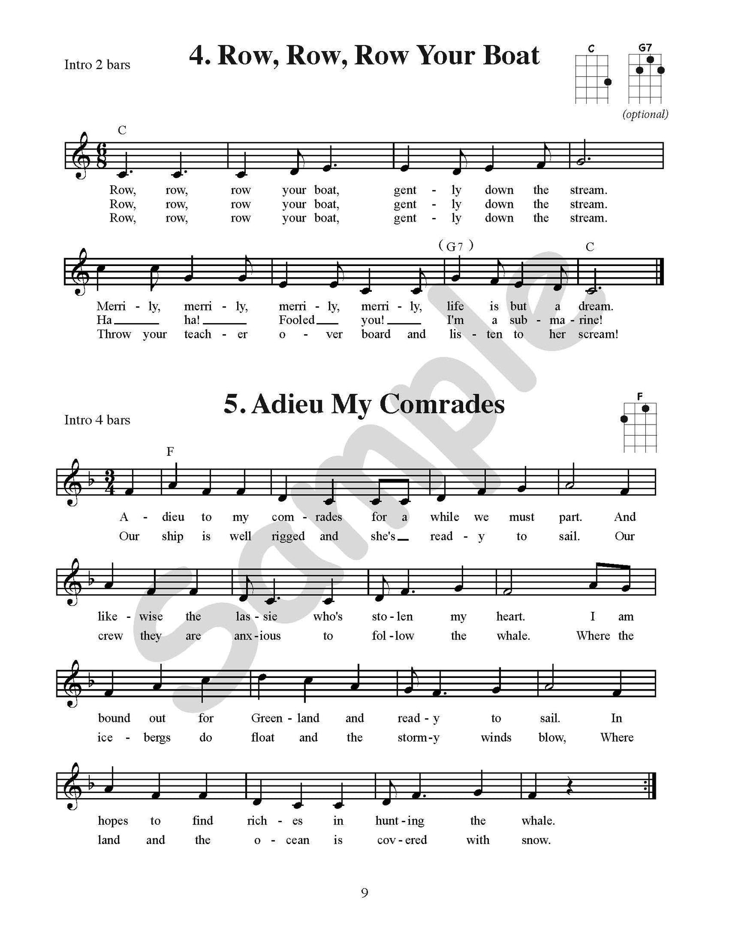 Sample page: Sheet music and lyrics for songs in Easy Ukulele Songs Student Book