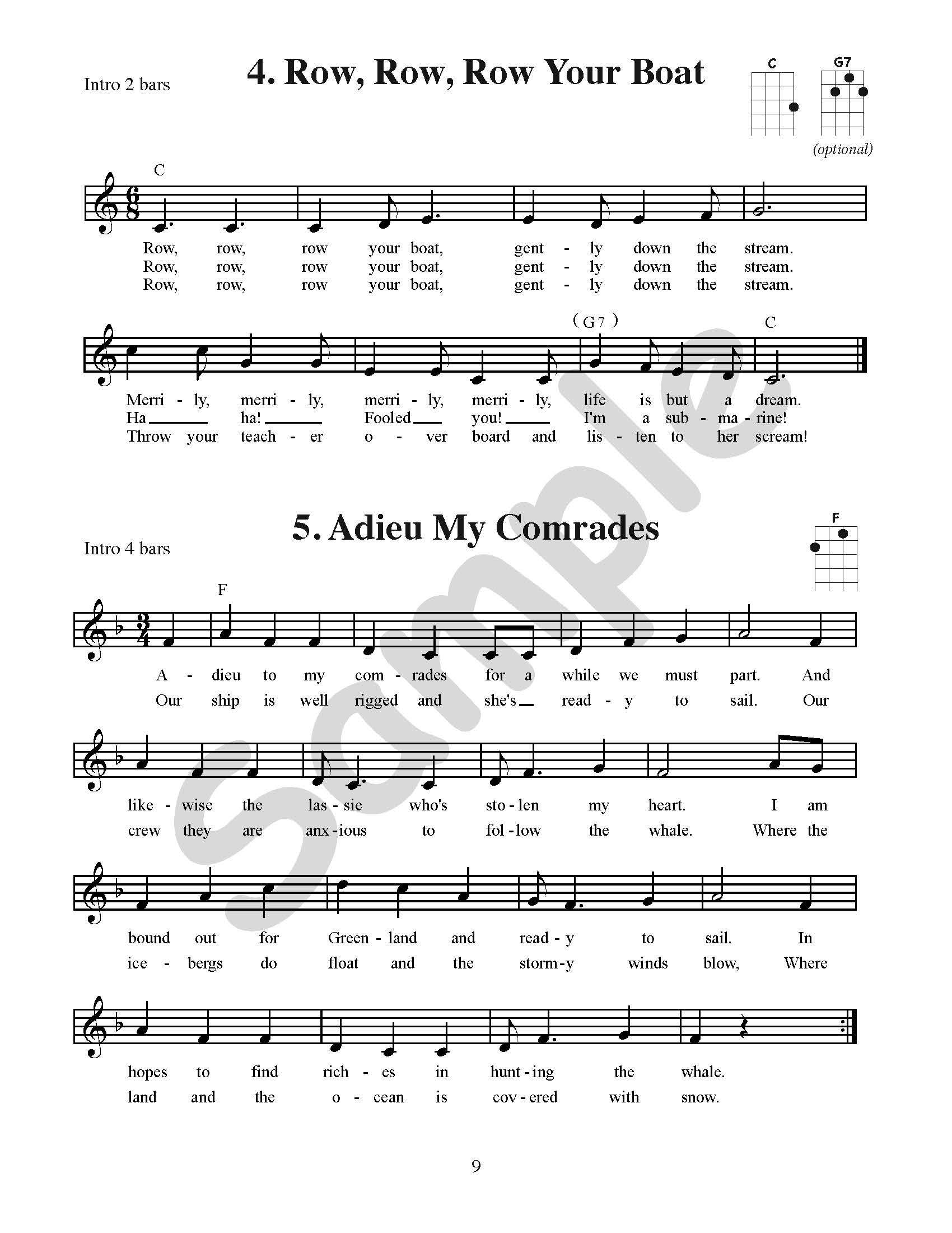 Sample page: Sheet music and lyrics for songs in Easy Ukulele Songs Student Book
