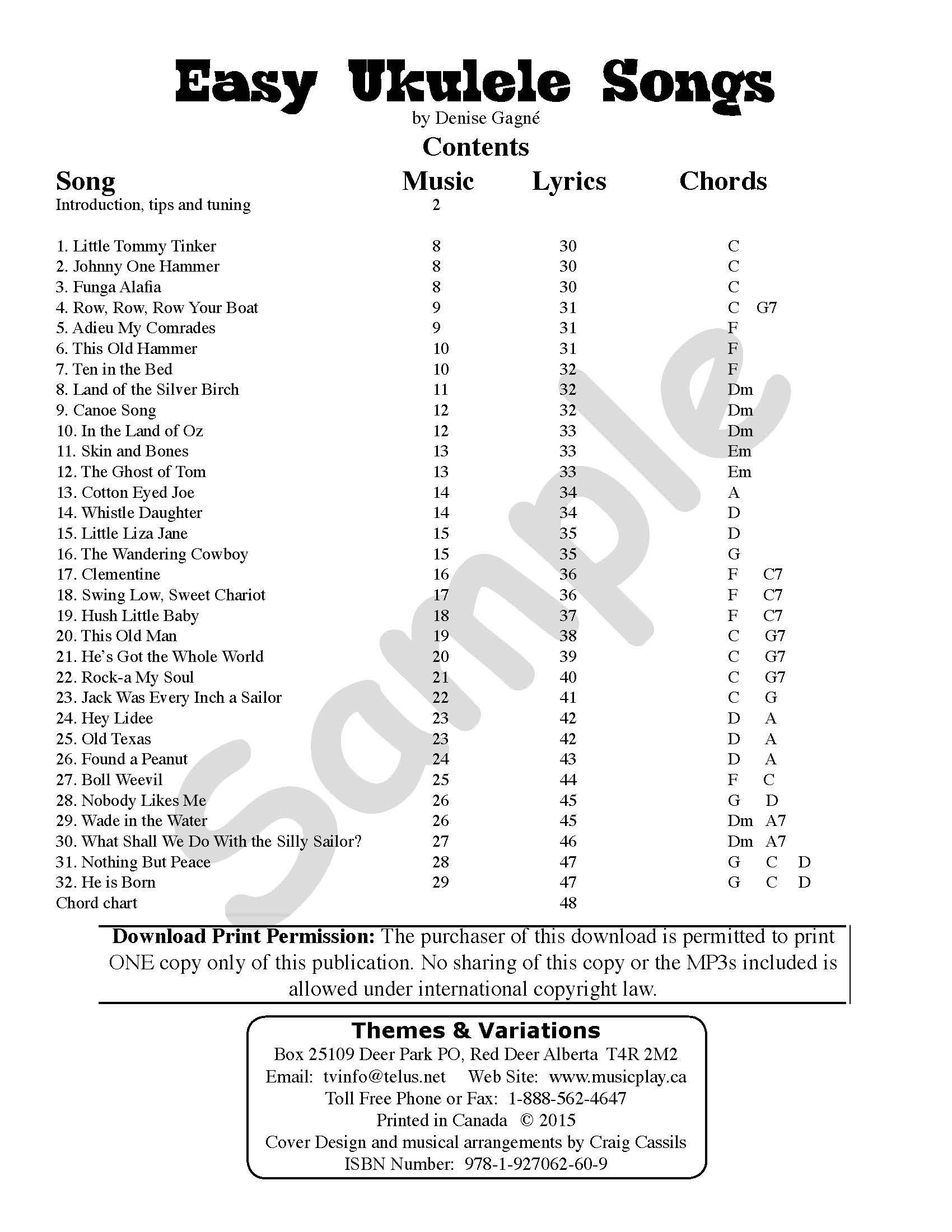 Sample page: The table of contents for Easy Ukulele Songs Teacher's Guide