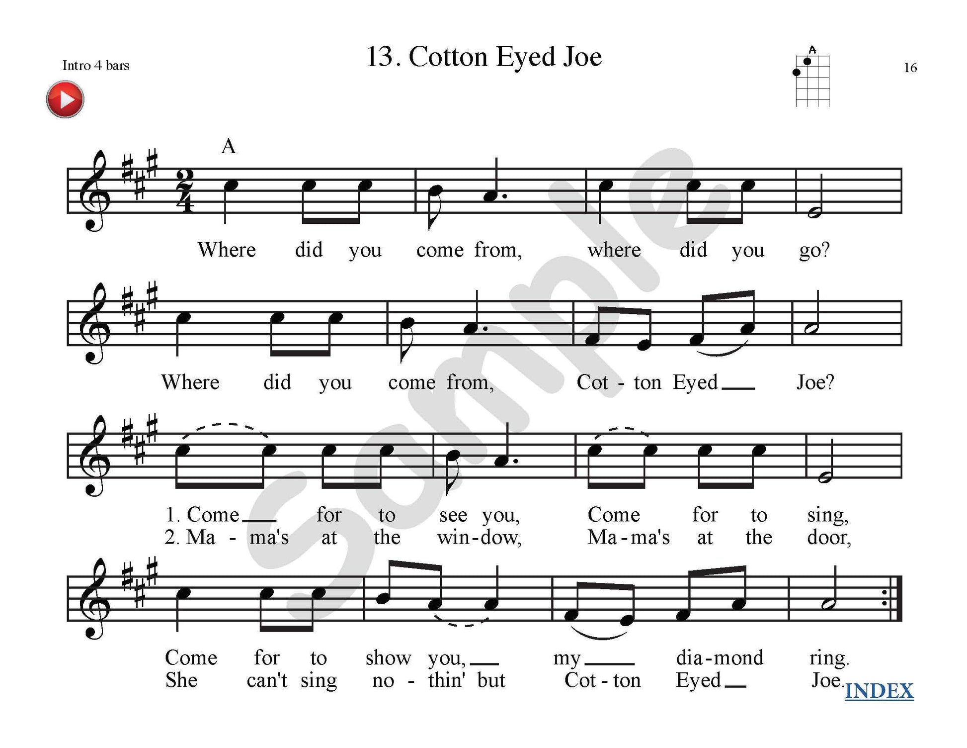 Sample slide: Sheet music and lyrics for "Cotton Eyed Joe"