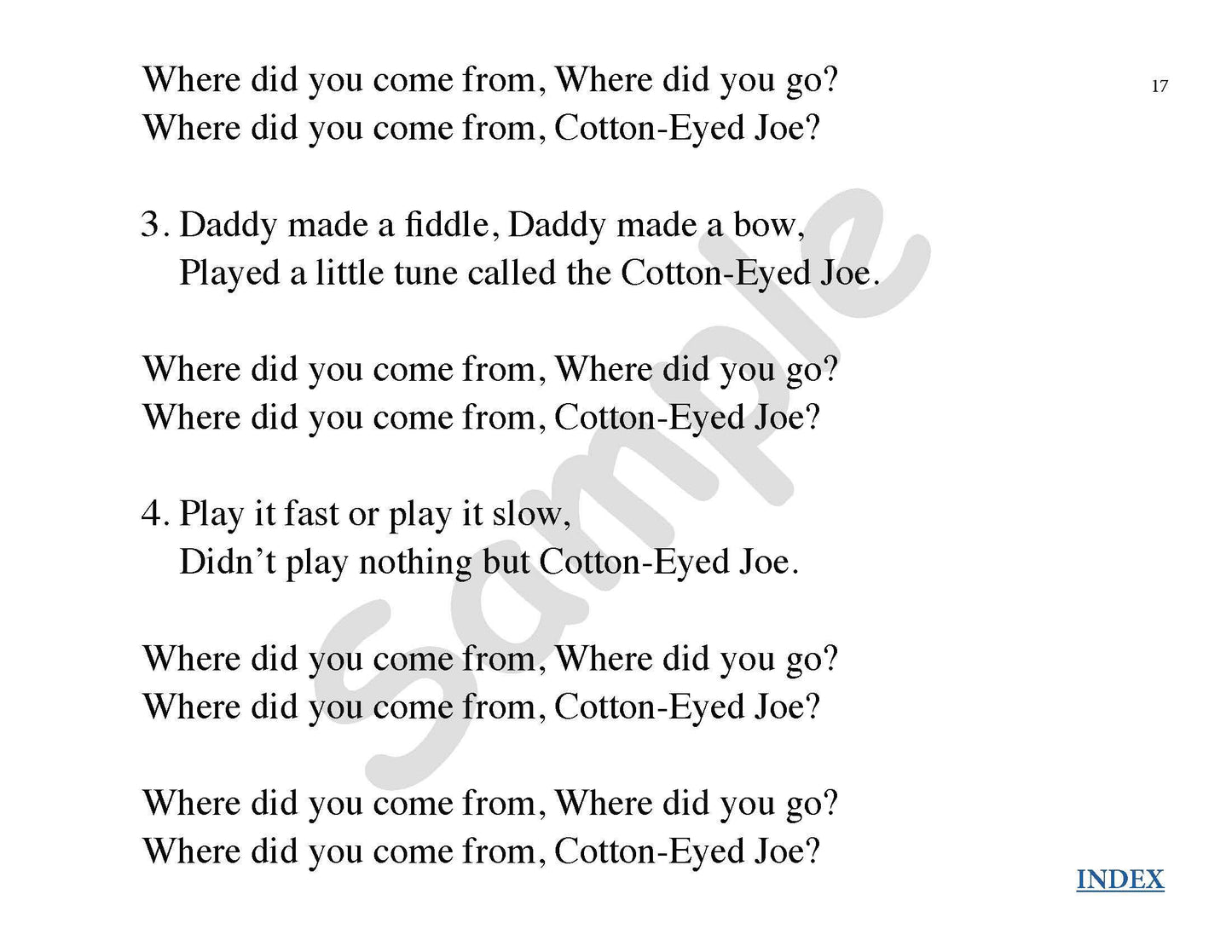 Sample slide: Lyrics for "Cotton Eyed Joe"