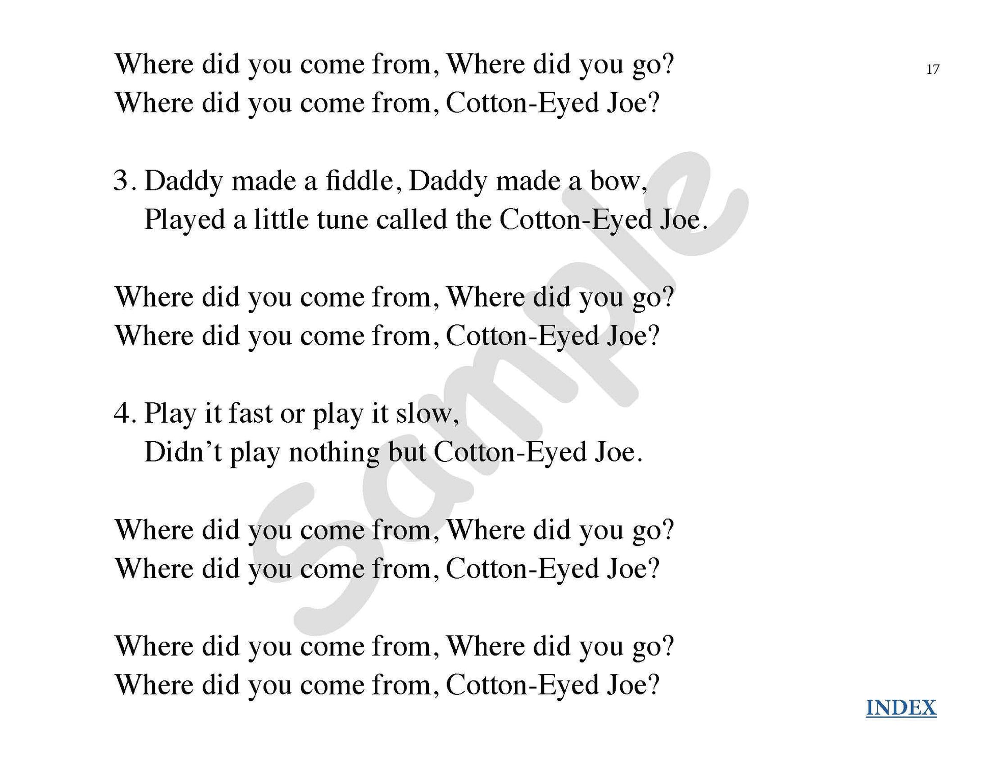 Sample slide: Lyrics for "Cotton Eyed Joe"