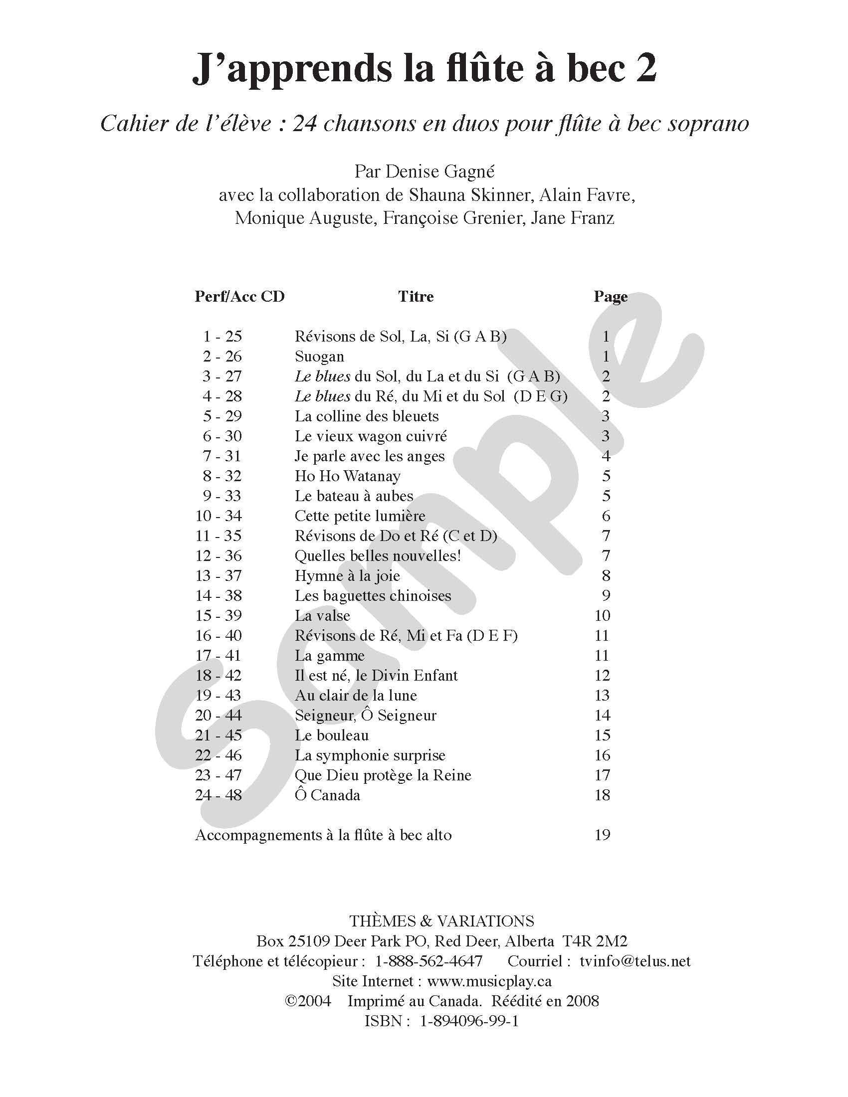 Sample page: The table of contents for J’apprends la flûte à bec/CD 2