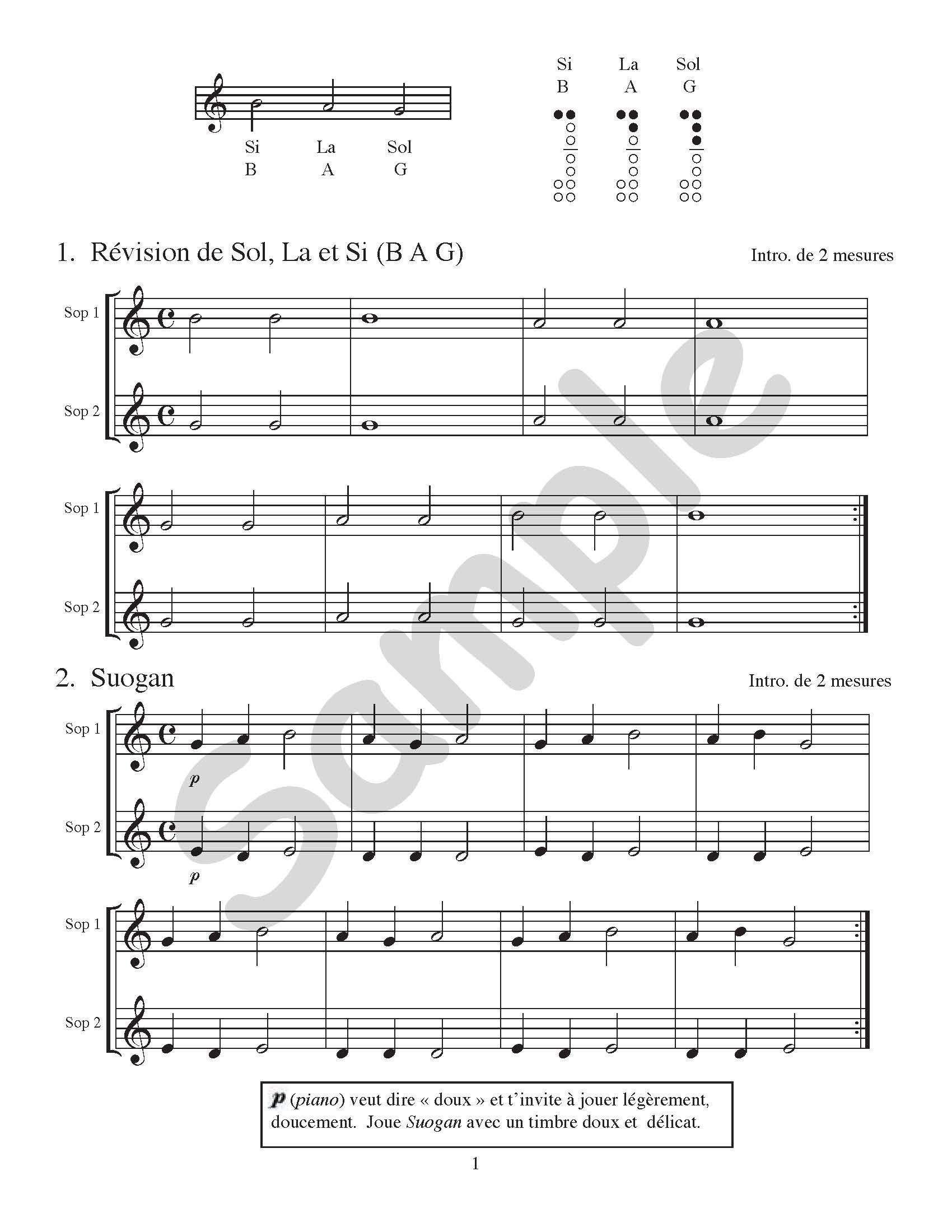 Sample page: The first song in J’apprends la flûte a bec/CD 2