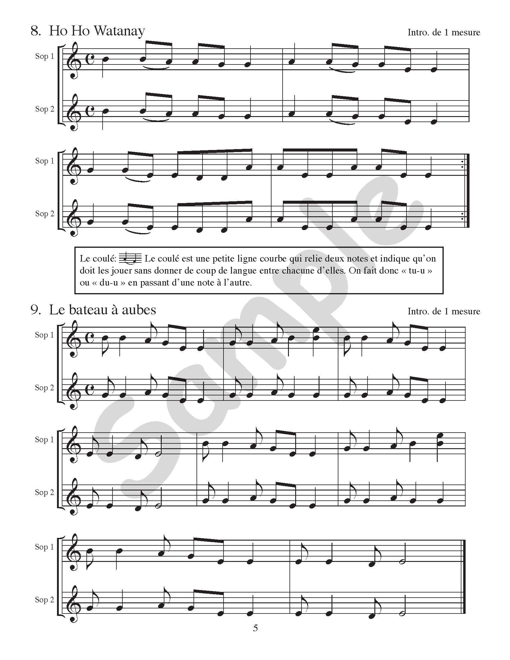 Sample page: The sheet music for two songs in J’apprends la flûte a bec/CD 2