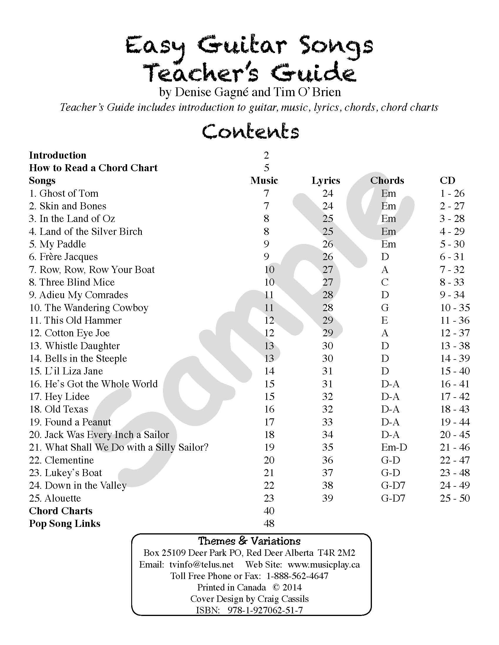Sample page: The table of contents for Easy Guitar Songs Teacher's Guide