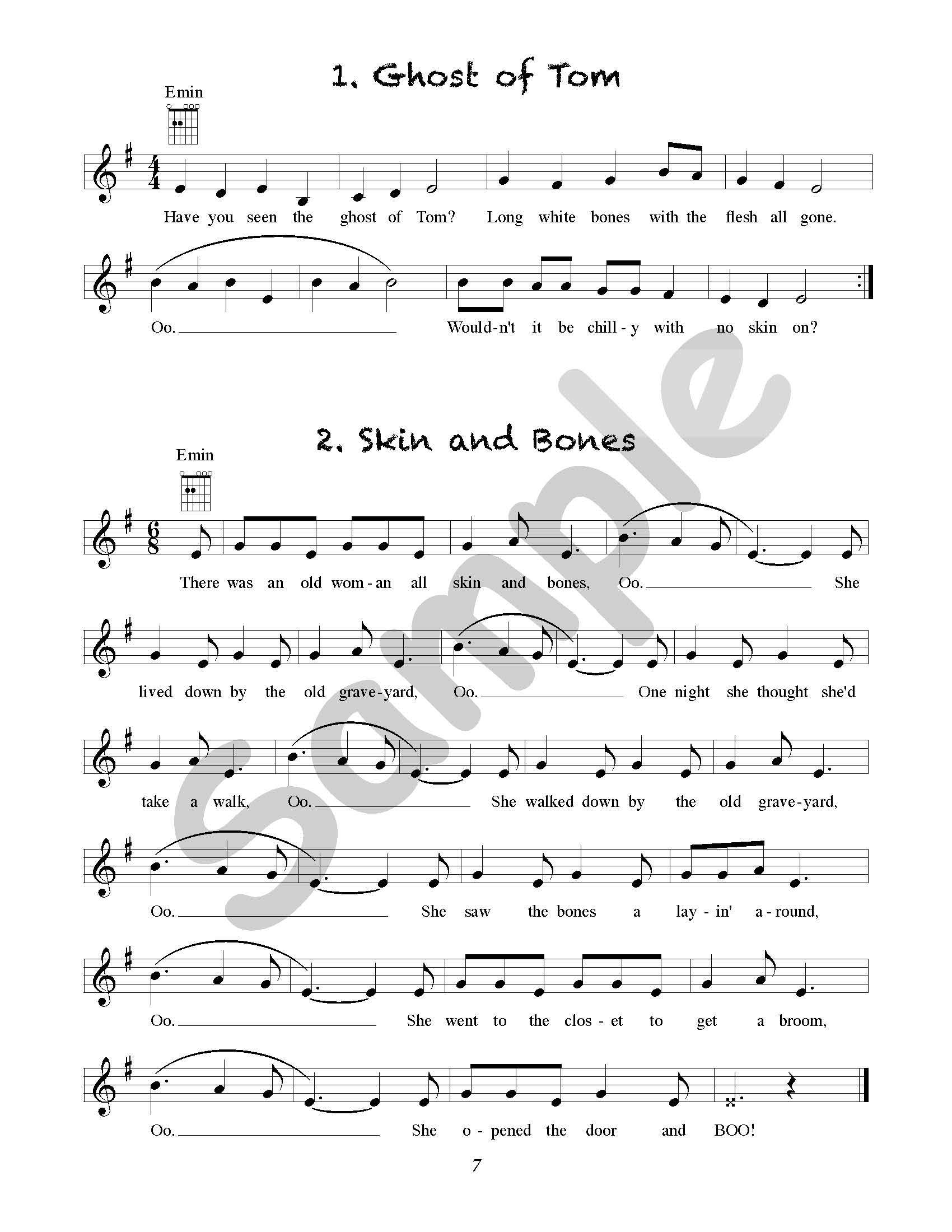 Sample page: The sheet music for the first two songs in Easy Guitar Songs Teacher's Guide