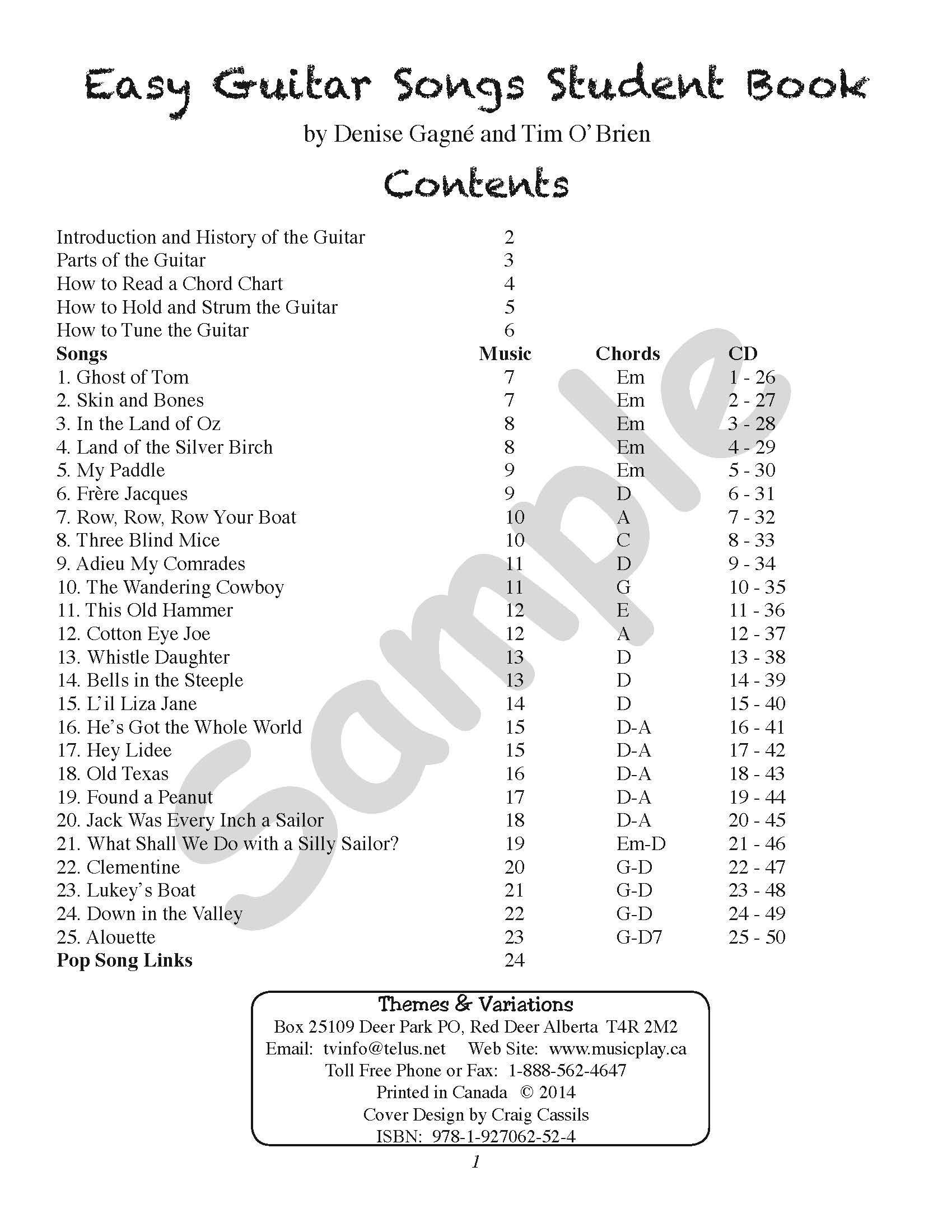 Sample page: The table of contents for Easy Guitar Songs Student Book