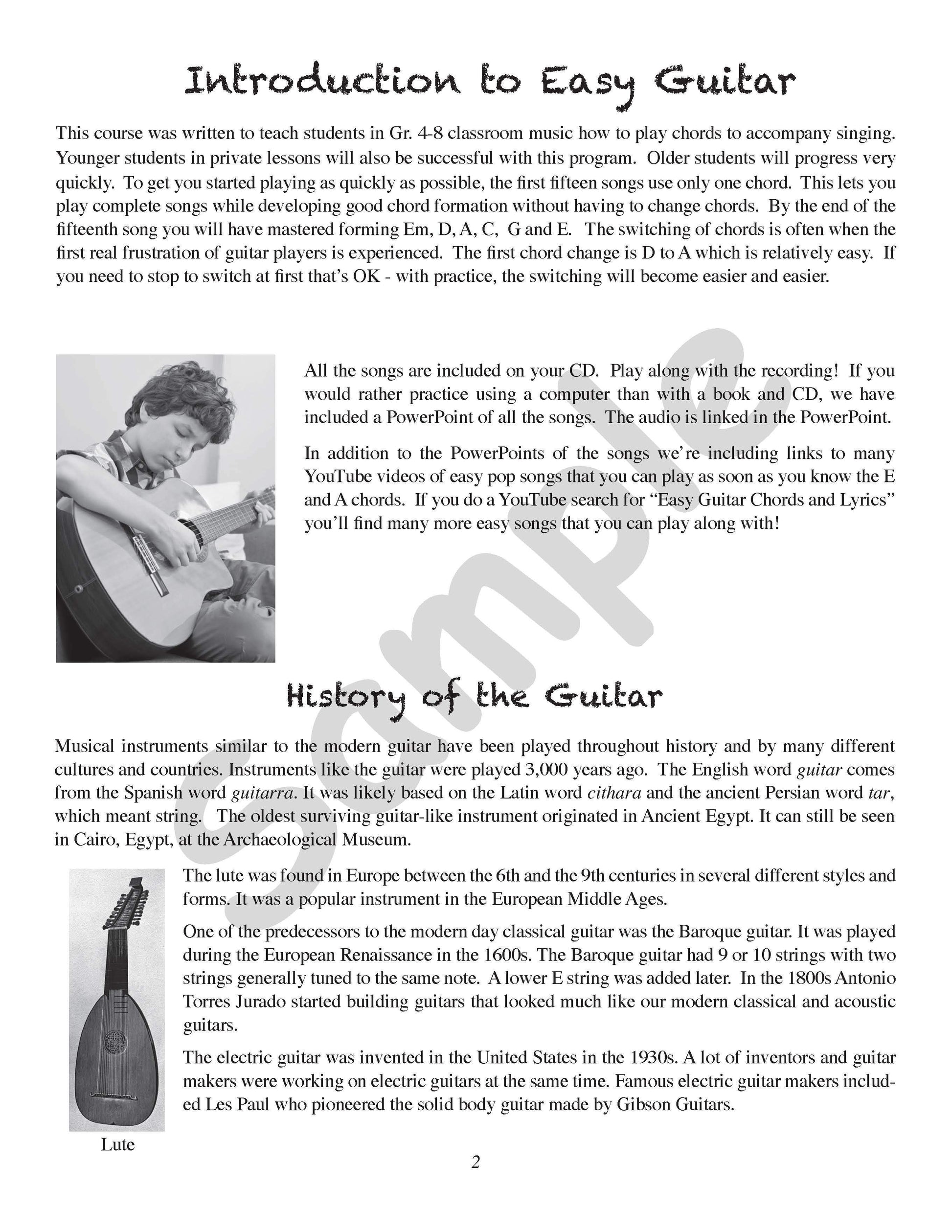 Sample page: The introduction to Easy Guitar Songs Student Book, and a brief history on the guitar