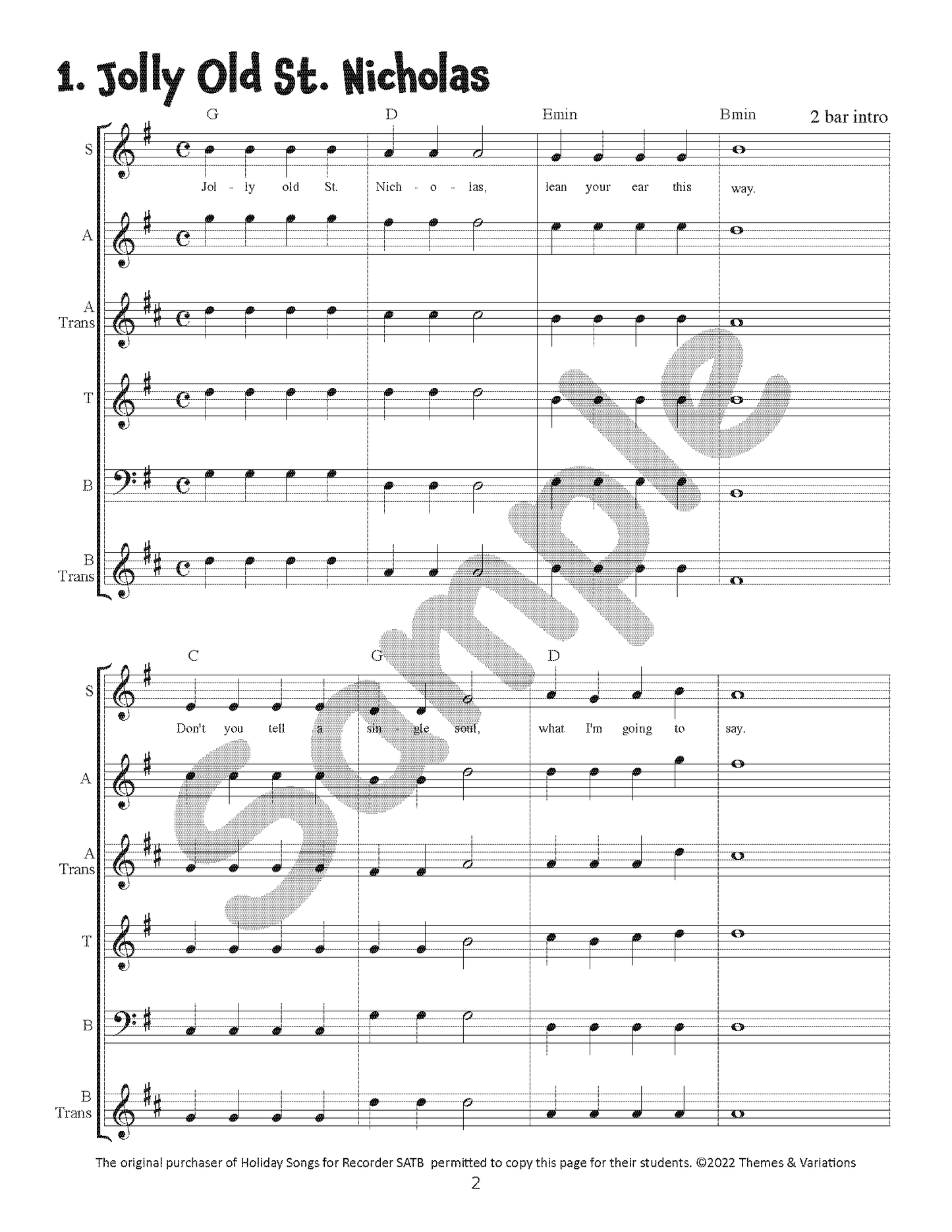Holiday Songs for Recorder SATB Download