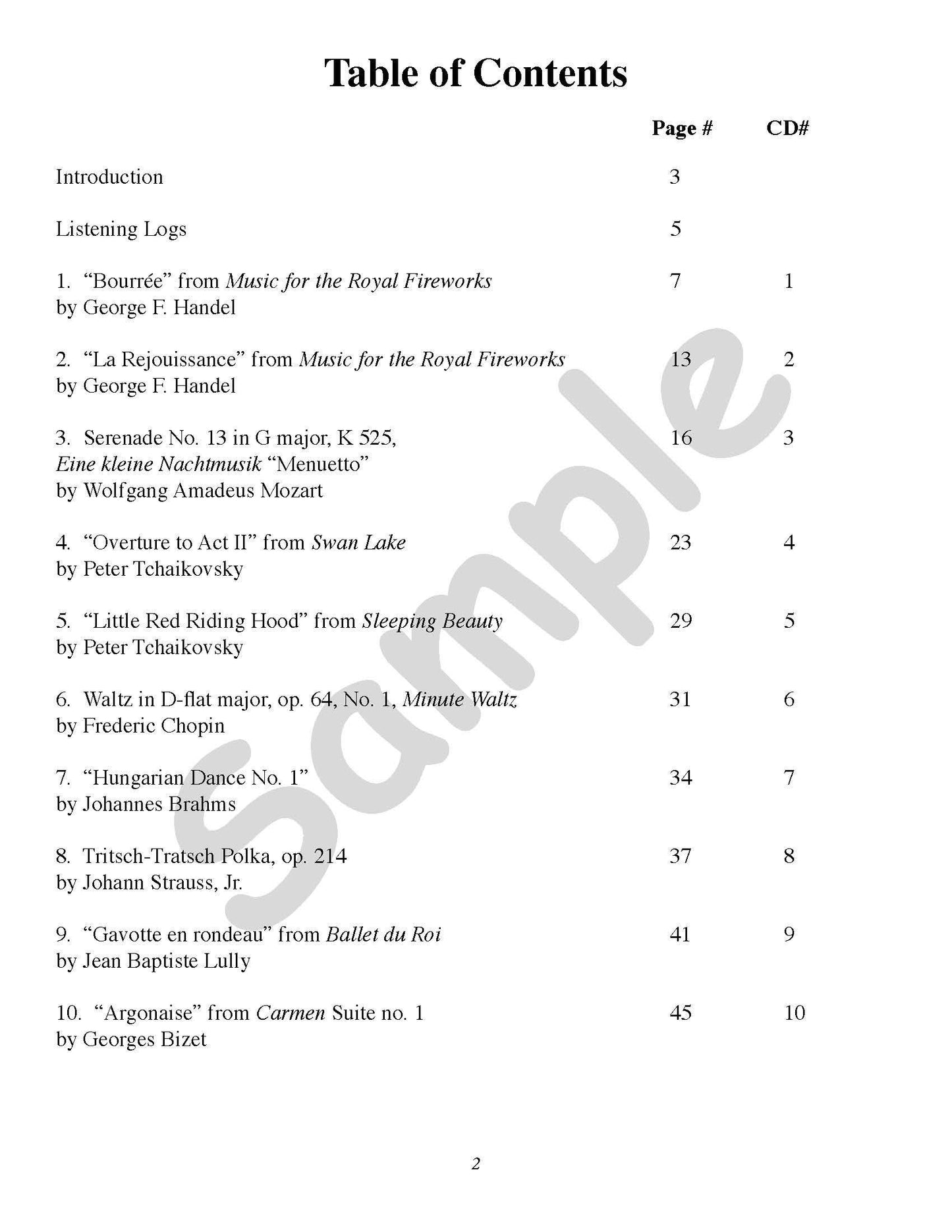 Sample page: The table of contents for More Listening Fun