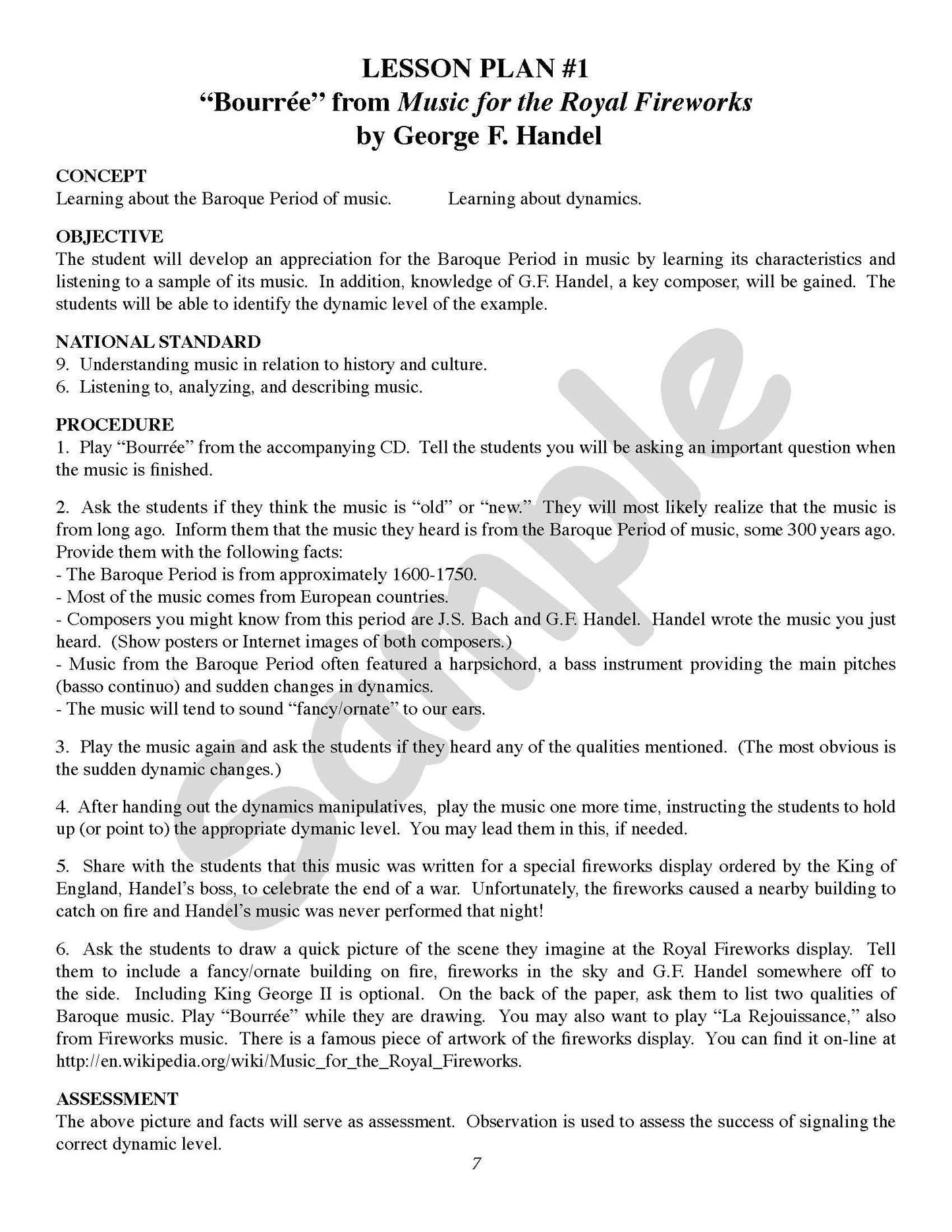 Sample page: The first page of lesson plan 1, covering "Bourrée"
