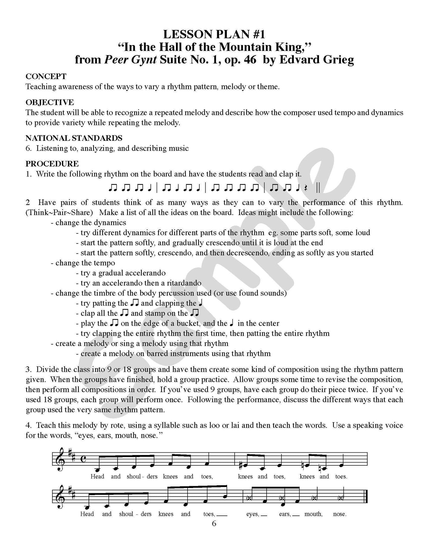 Sample page: The first page of lesson plan 1, covering "In the Hall of the Mountain King"