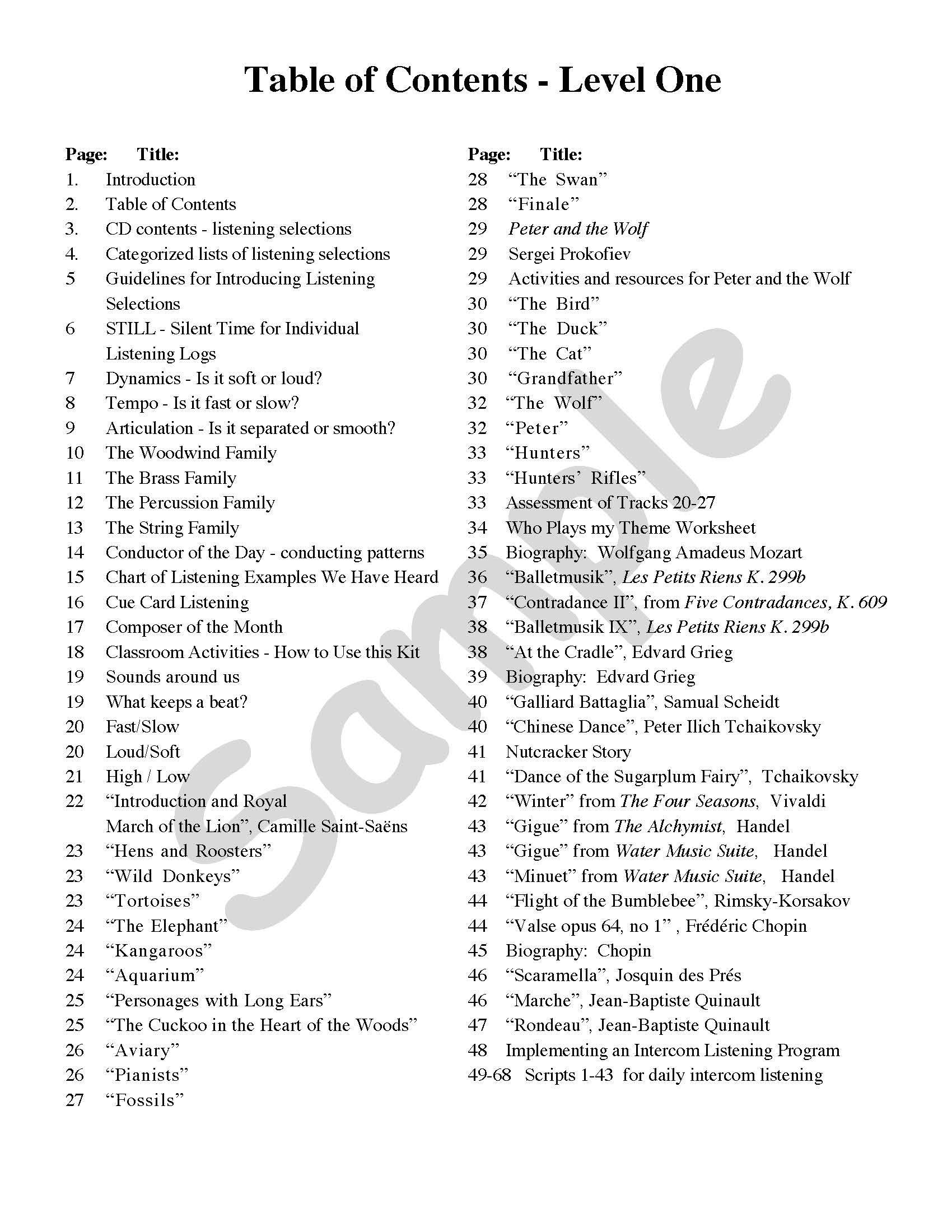 Sample page: The table of contents for Listening Resource Kit 1