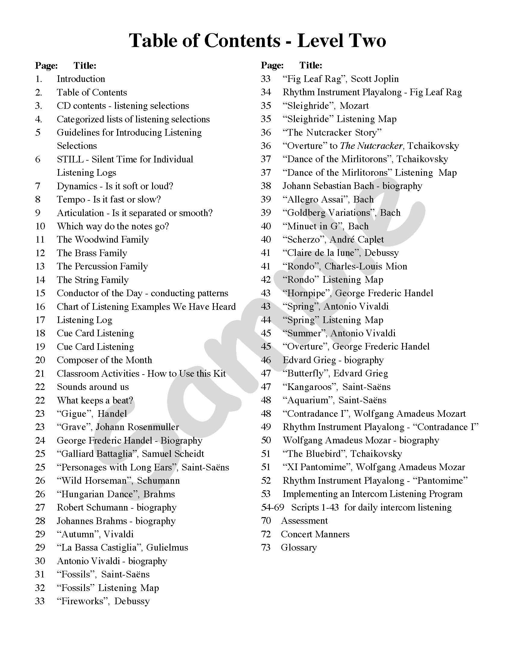 Sample page: The table of contents for Listening Resource Kit 2