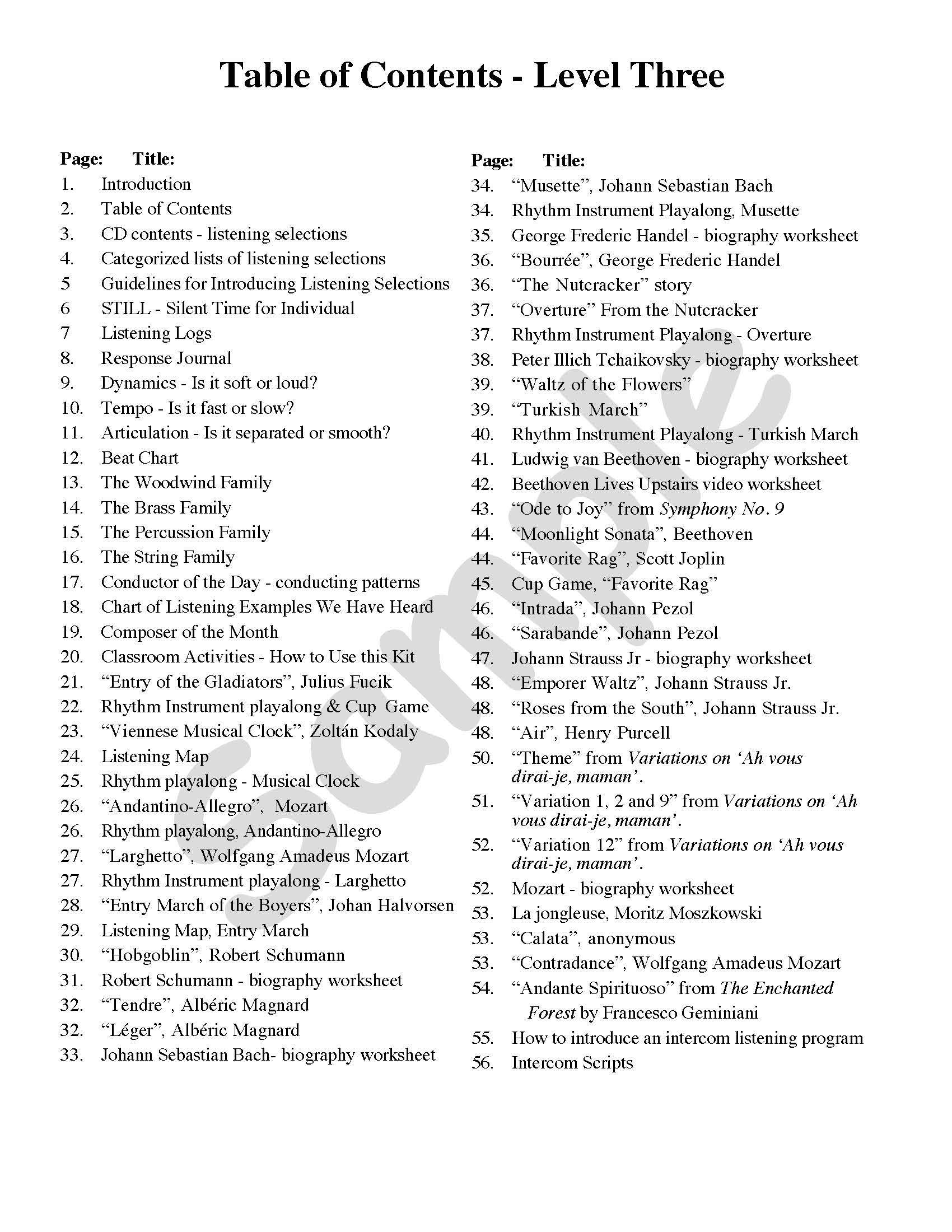 Sample page: The table of contents for Listening Resource Kit 3