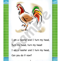 Sample page: A page from the book "On the Farm", describing how the rooster moves