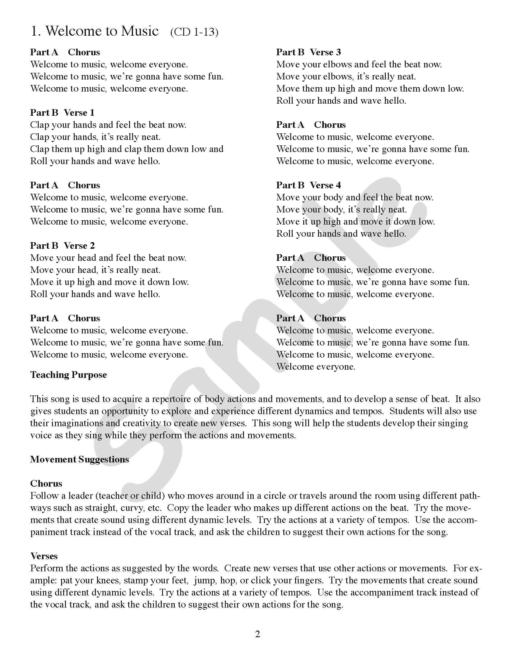 Sample page: The lyrics for the song "Welcome to Music"