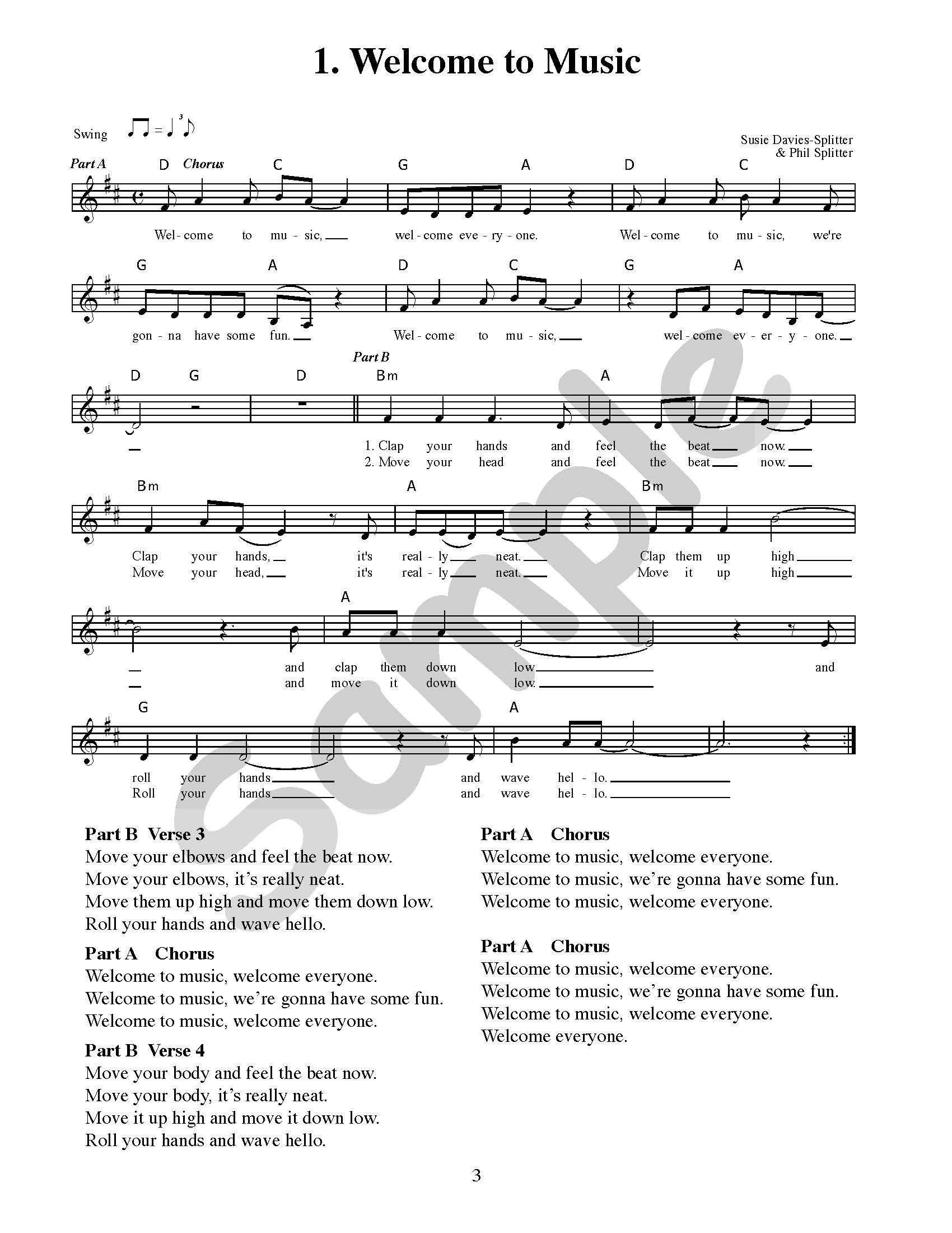 Sample page: The sheet music for the song "Welcome to Music"