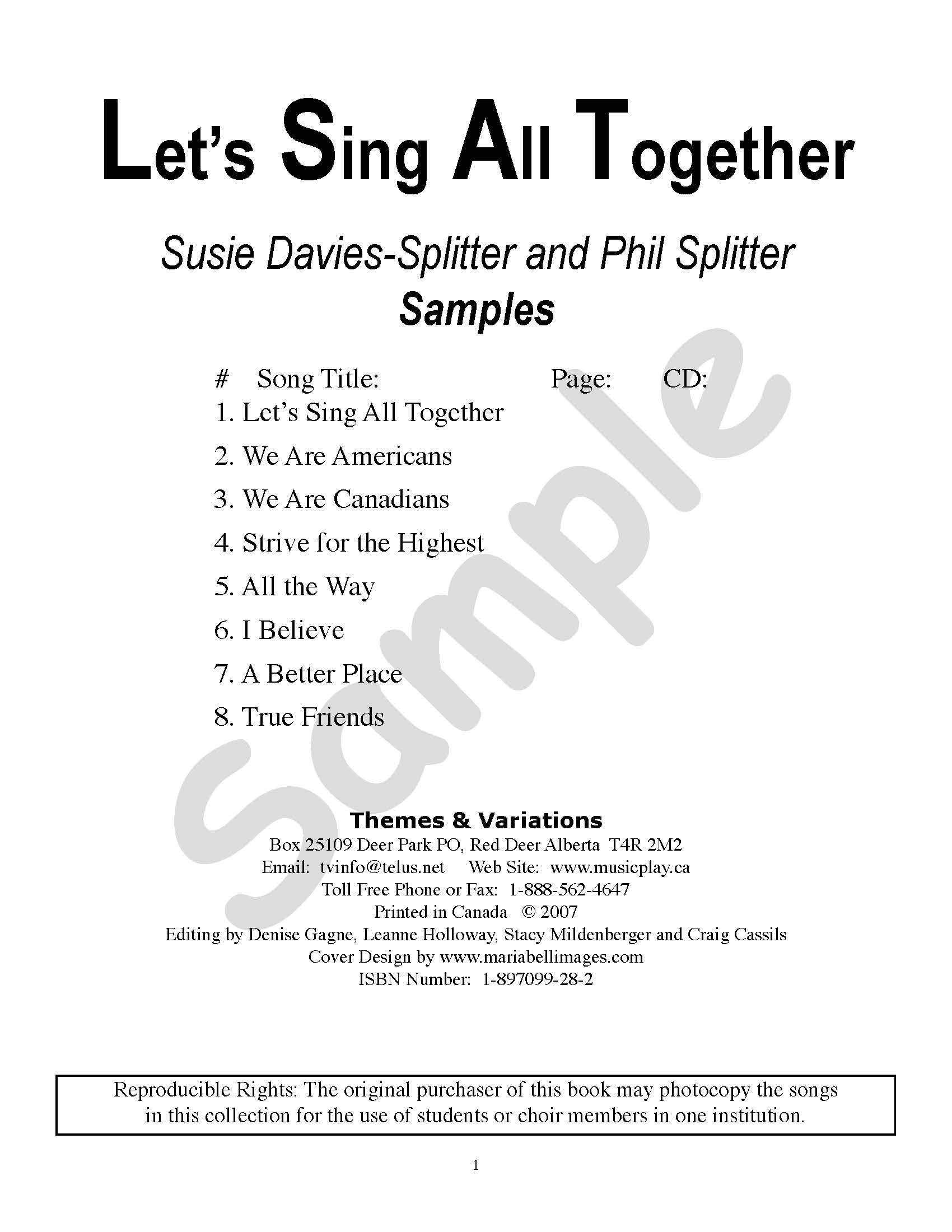 Sample page: The table of contents for Let's Sing All Together.
