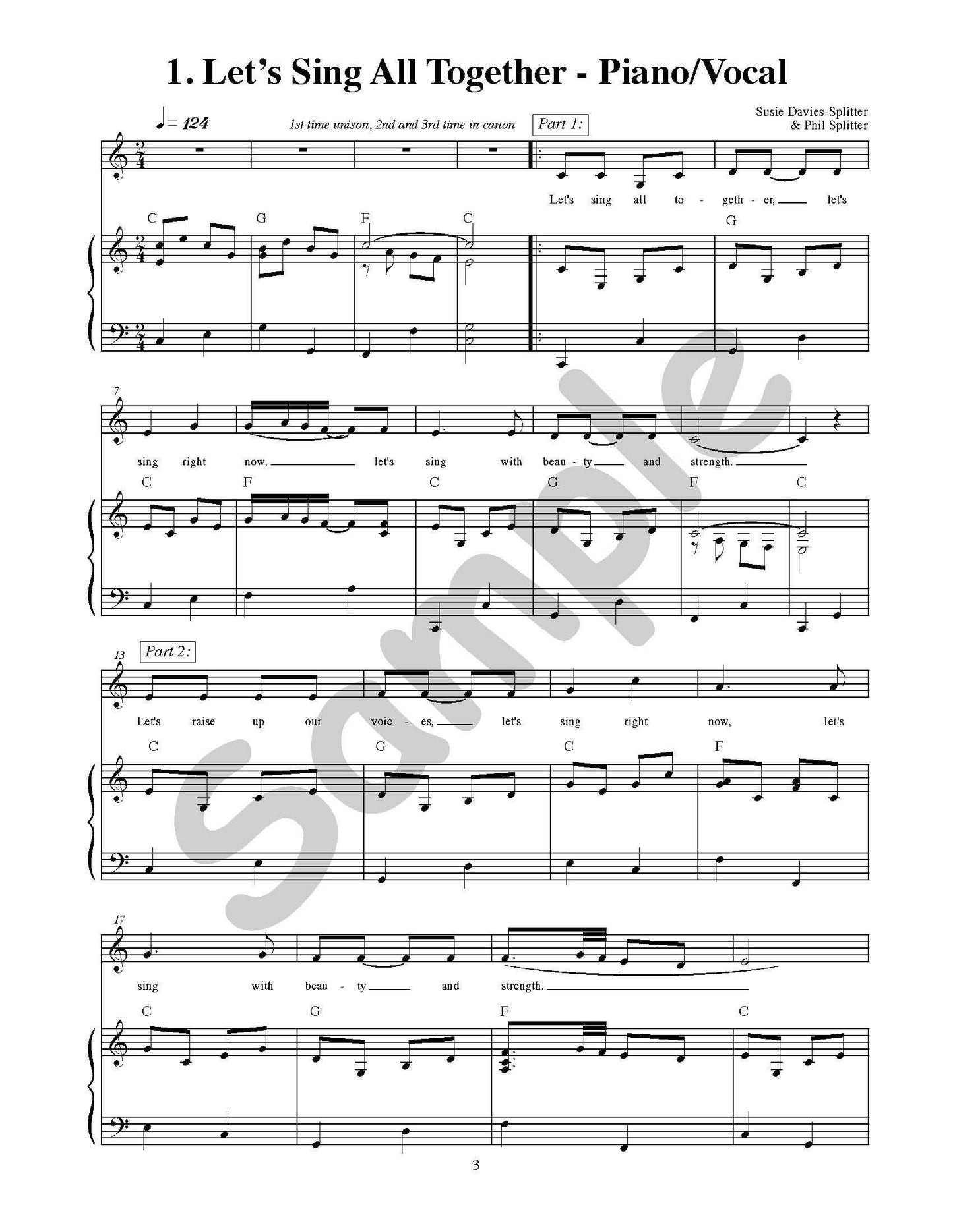 Sample page: The first page of the song "Let's Sing All Together". Piano and vocal sheet music