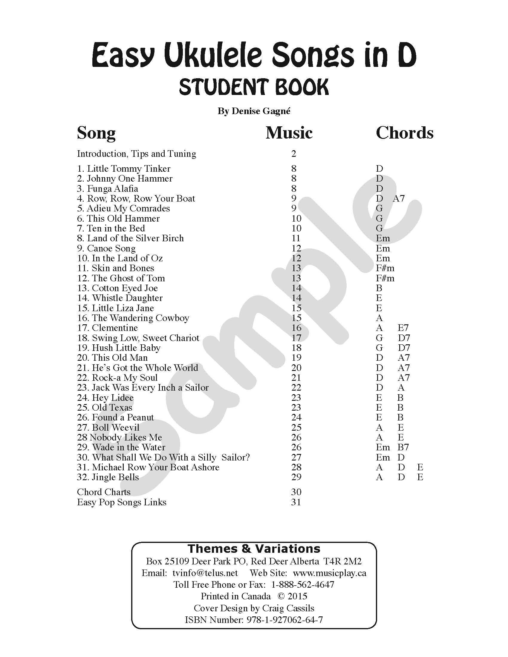 Sample page: The table of contents for Easy Ukulele Songs Student Book