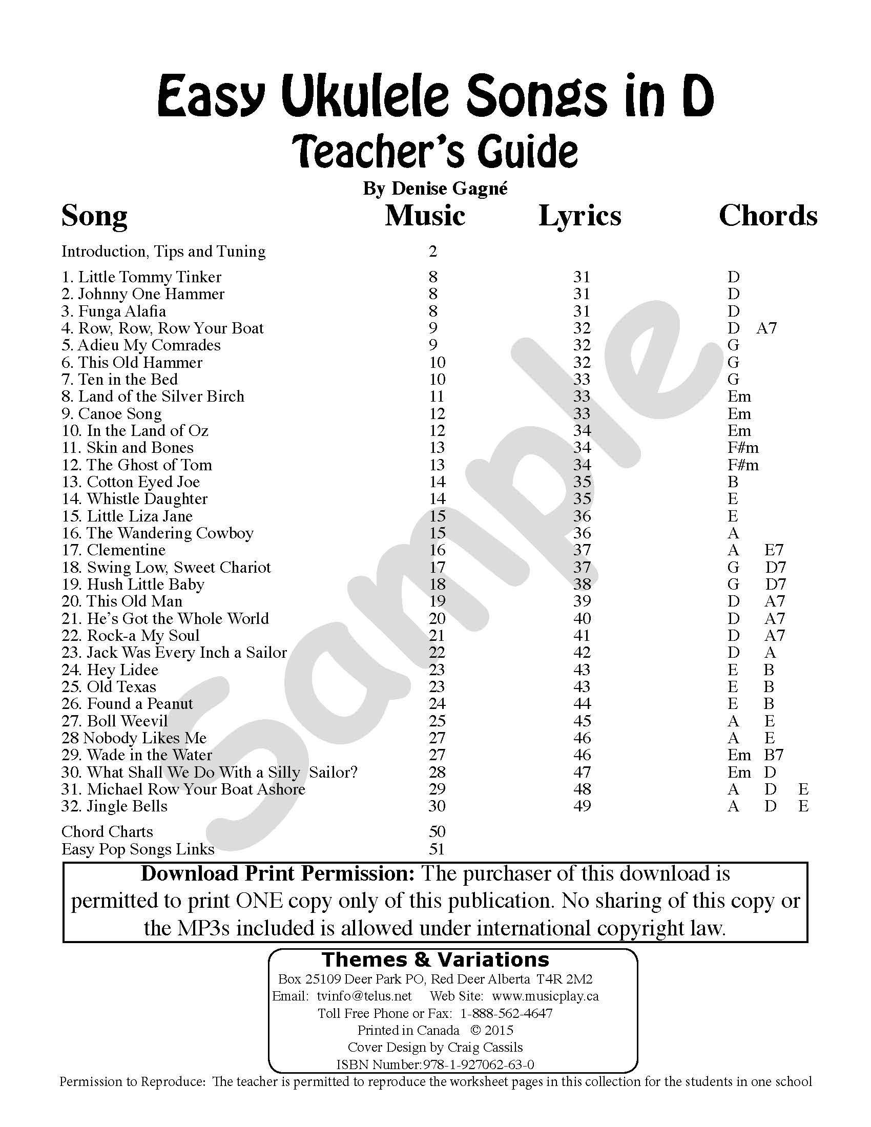 Sample page: The table of contents for Easy Ukulele Songs Teacher's Guide