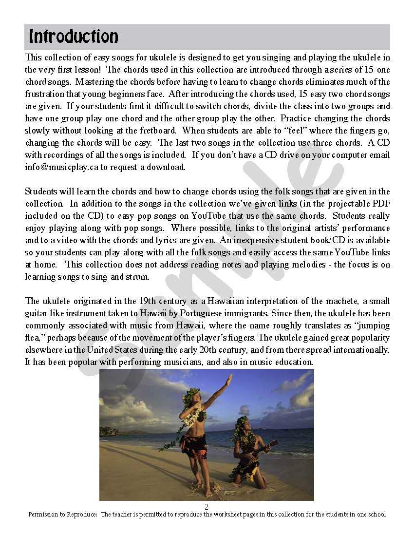 Sample page: The introduction to Easy Ukulele Songs Teacher's Guide