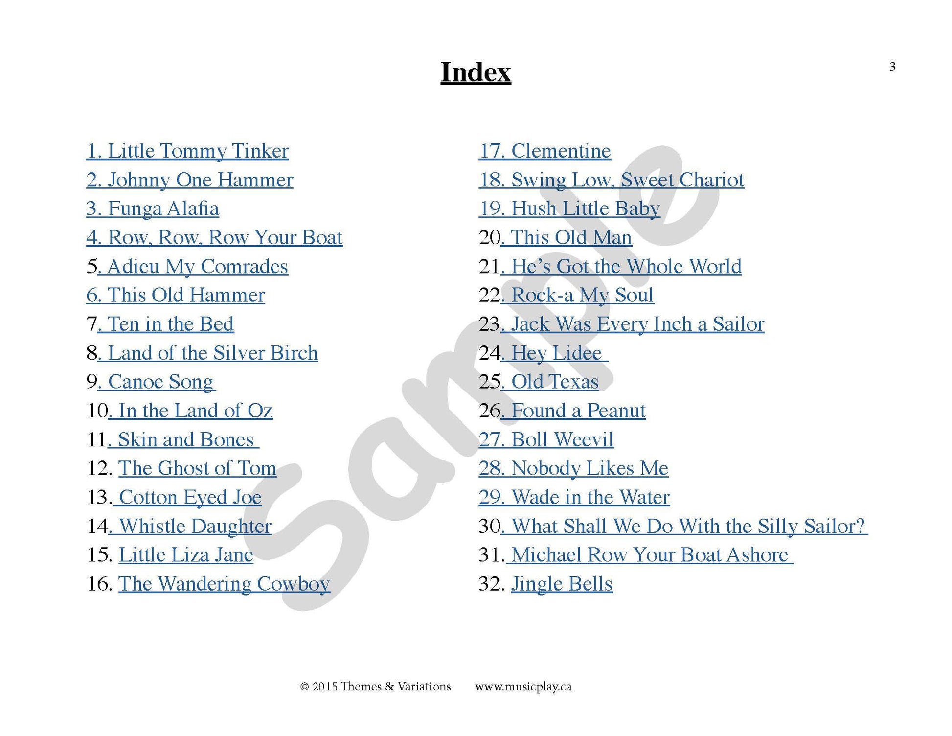 Sample slide: The index for the projectable PDF, listing all the songs