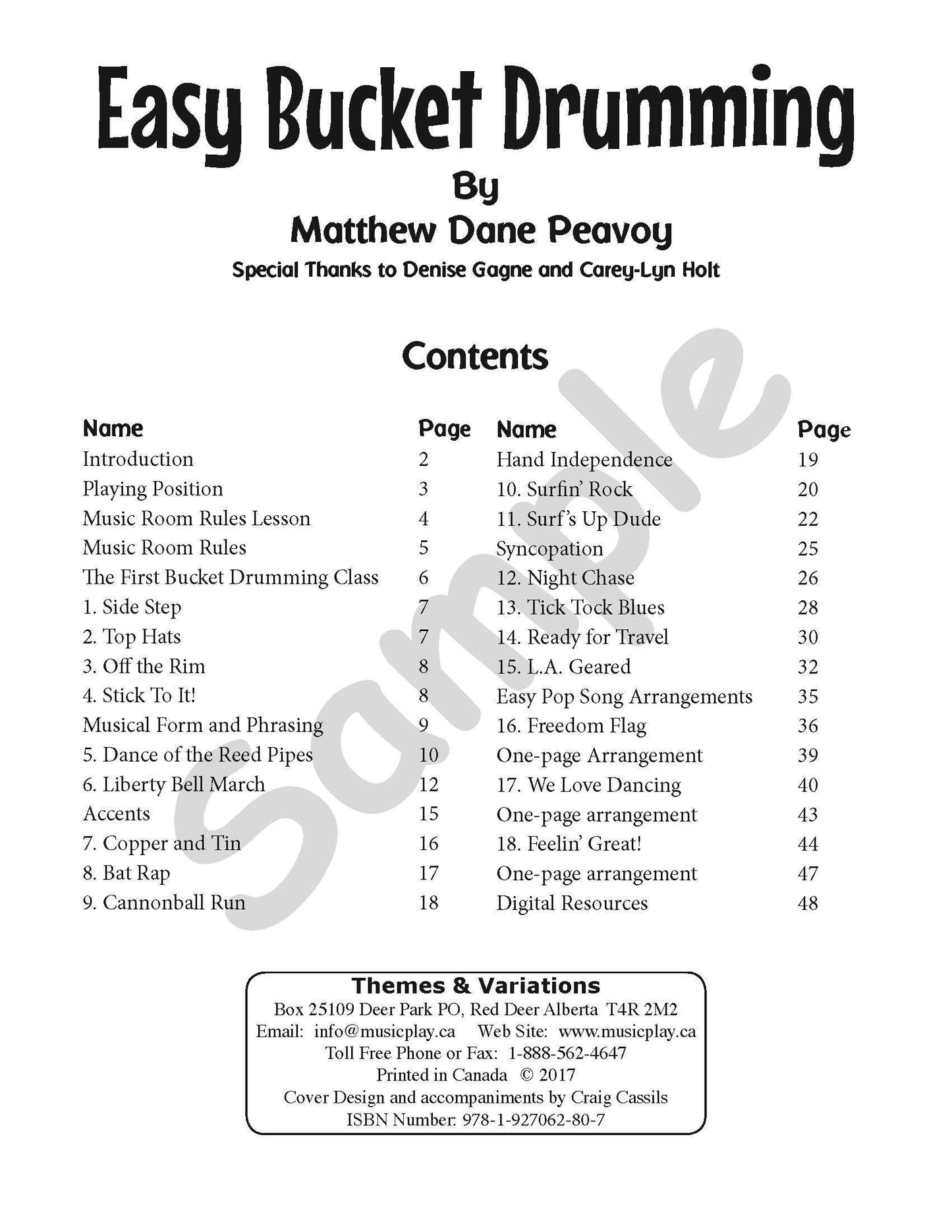 Sample page: The table of contents for Easy Bucket Drumming