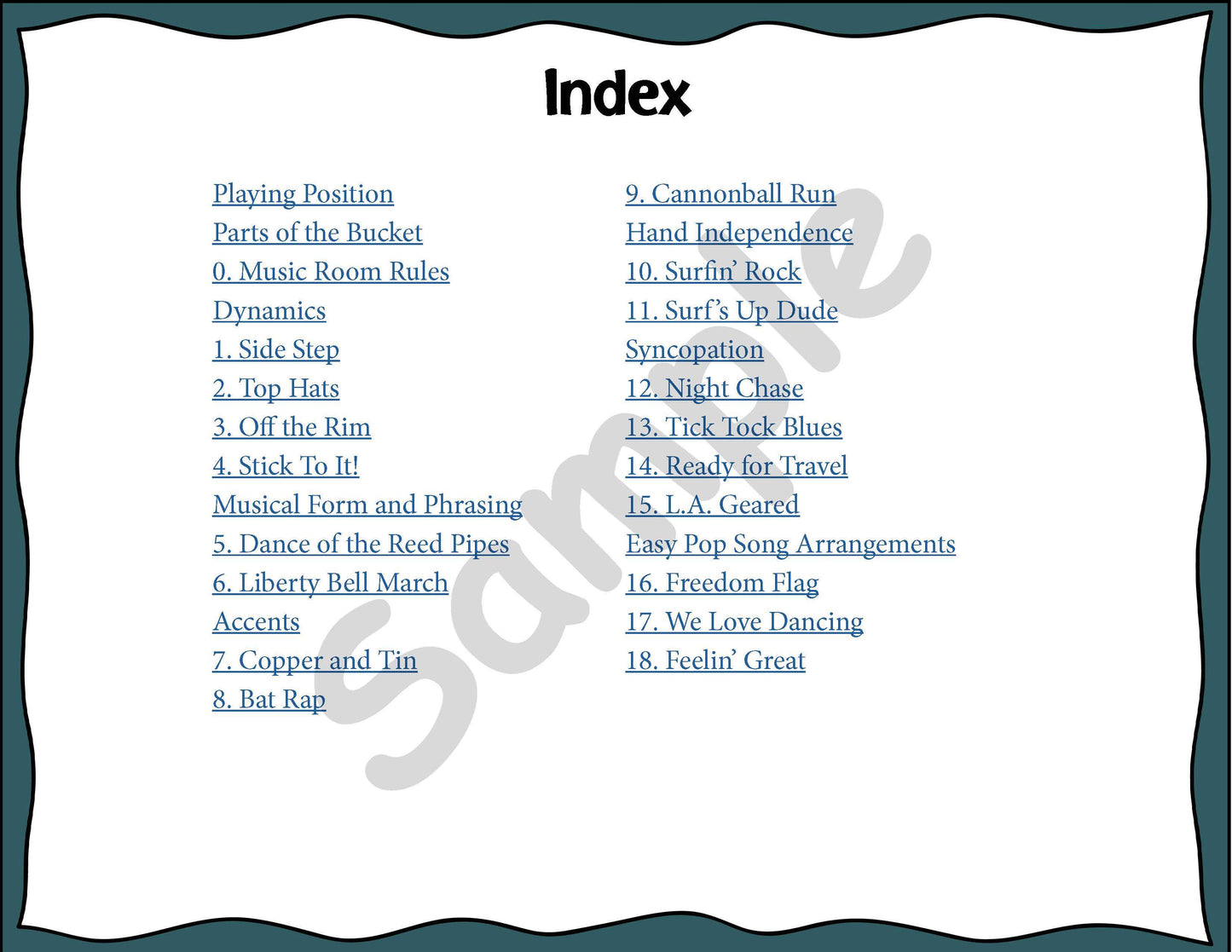 Sample slide: The index for the projectable PDF, listing all the songs