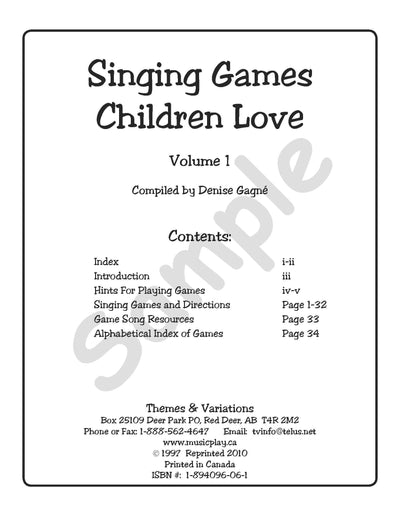 Sample page: The table of contents for Singing Games Children Love