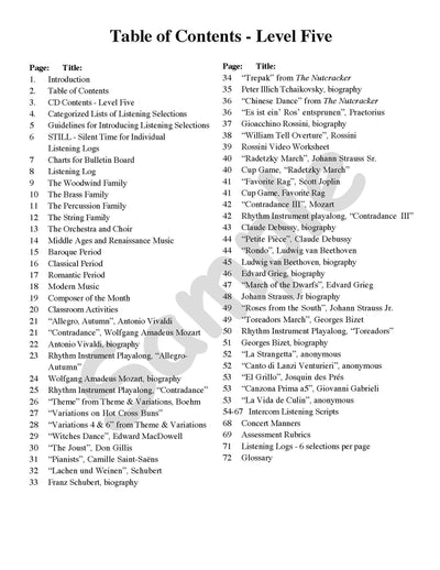 Sample page: The table of contents for Listening Resource Kit 5