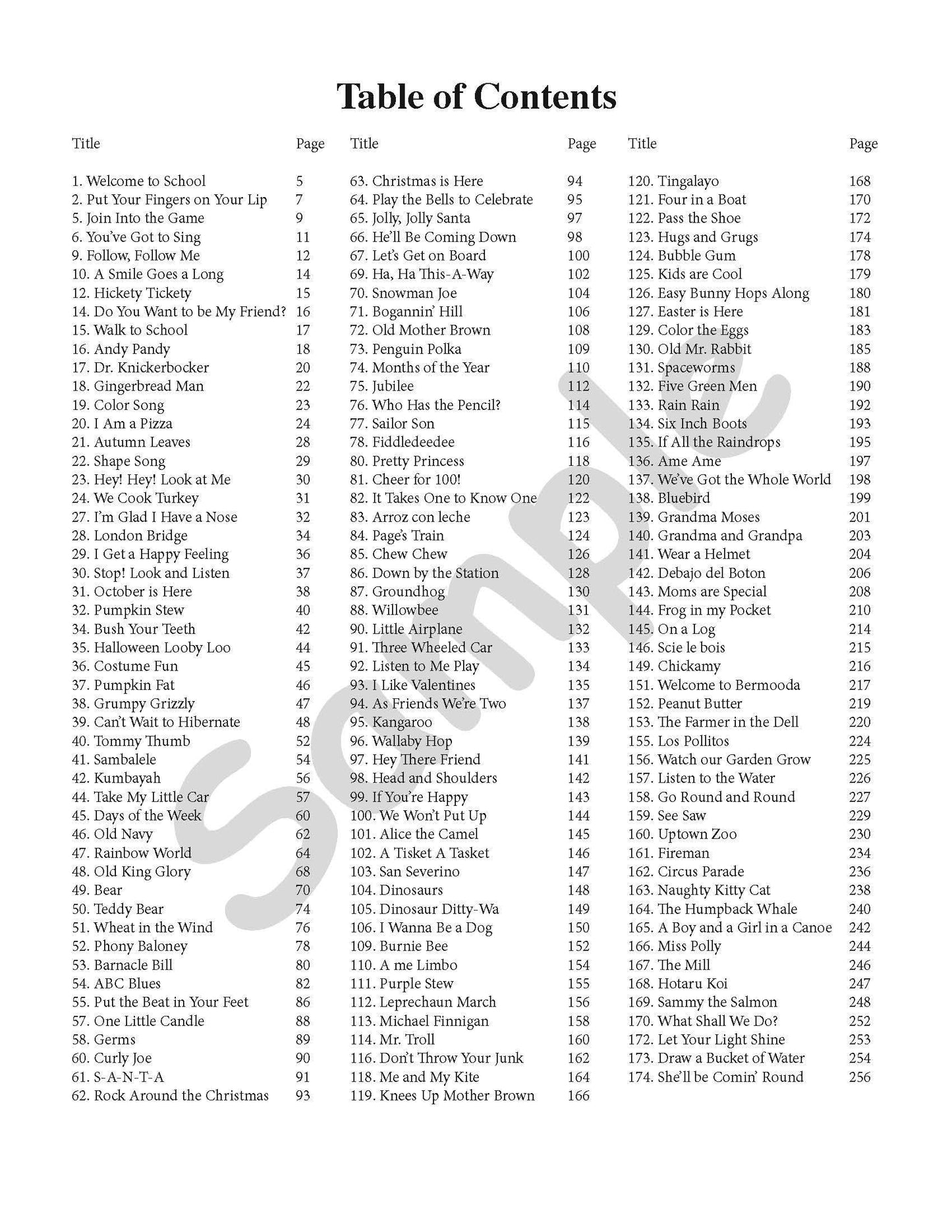 Sample page: The table of contents for Musicplay Kindergarten Guitar and Ukulele Arrangements